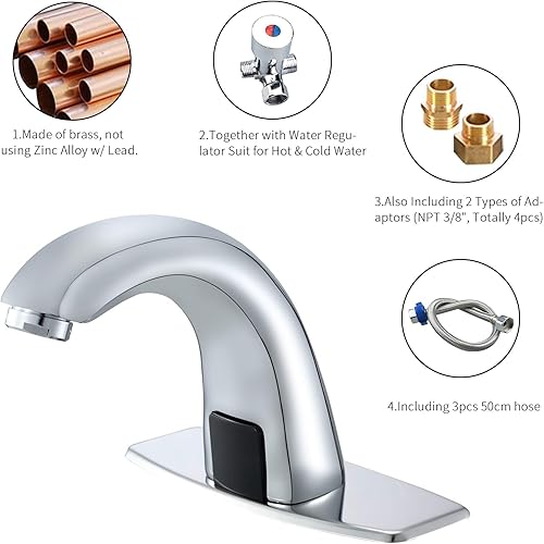 Vista 6 de Grifo de lavabo de baño con sensor automático con placa de cubierta de agujero, sin contacto, latón, grifo de agua de baño con mezclador