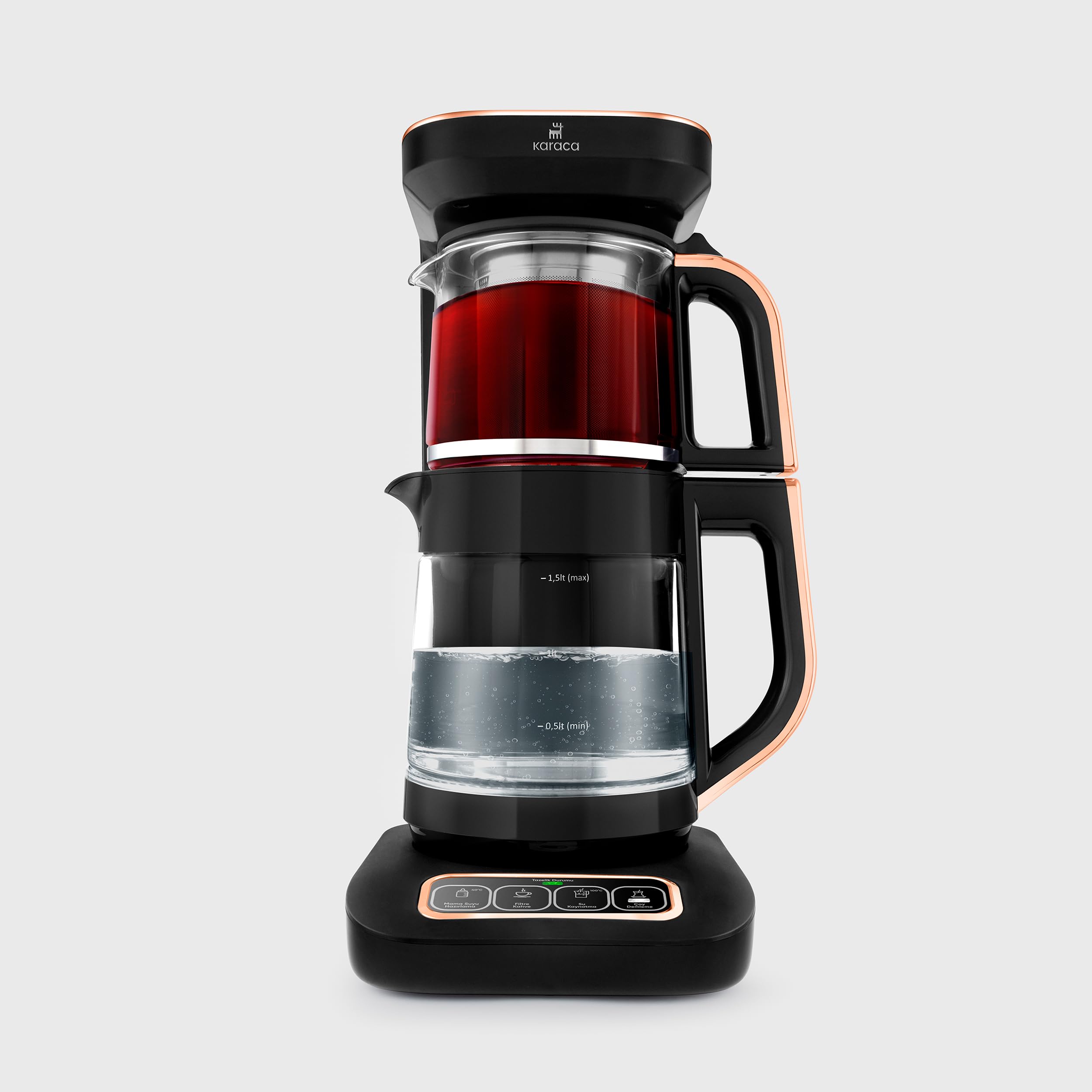KARACA Caysever Robotea Pro 4 in 1 Talking Automatic Tea Maker, Kettle and Filter Coffee Maker, 2500W Multi-Functional Tea Machine Set, Turkish Electric Tea Maker, Black Copper