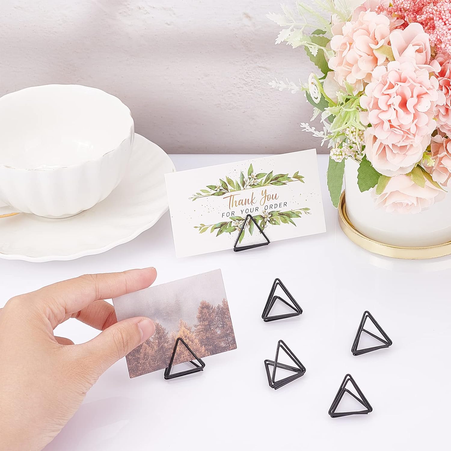 OLYCRAFT 36pcs Mini Place Card Holders Metal Table Card Holders Triangle Shape Wedding Table Number Holders Black Photo Holder Pictures Stand Clips for Place Cards Weddings Anniversary Party - Image 4