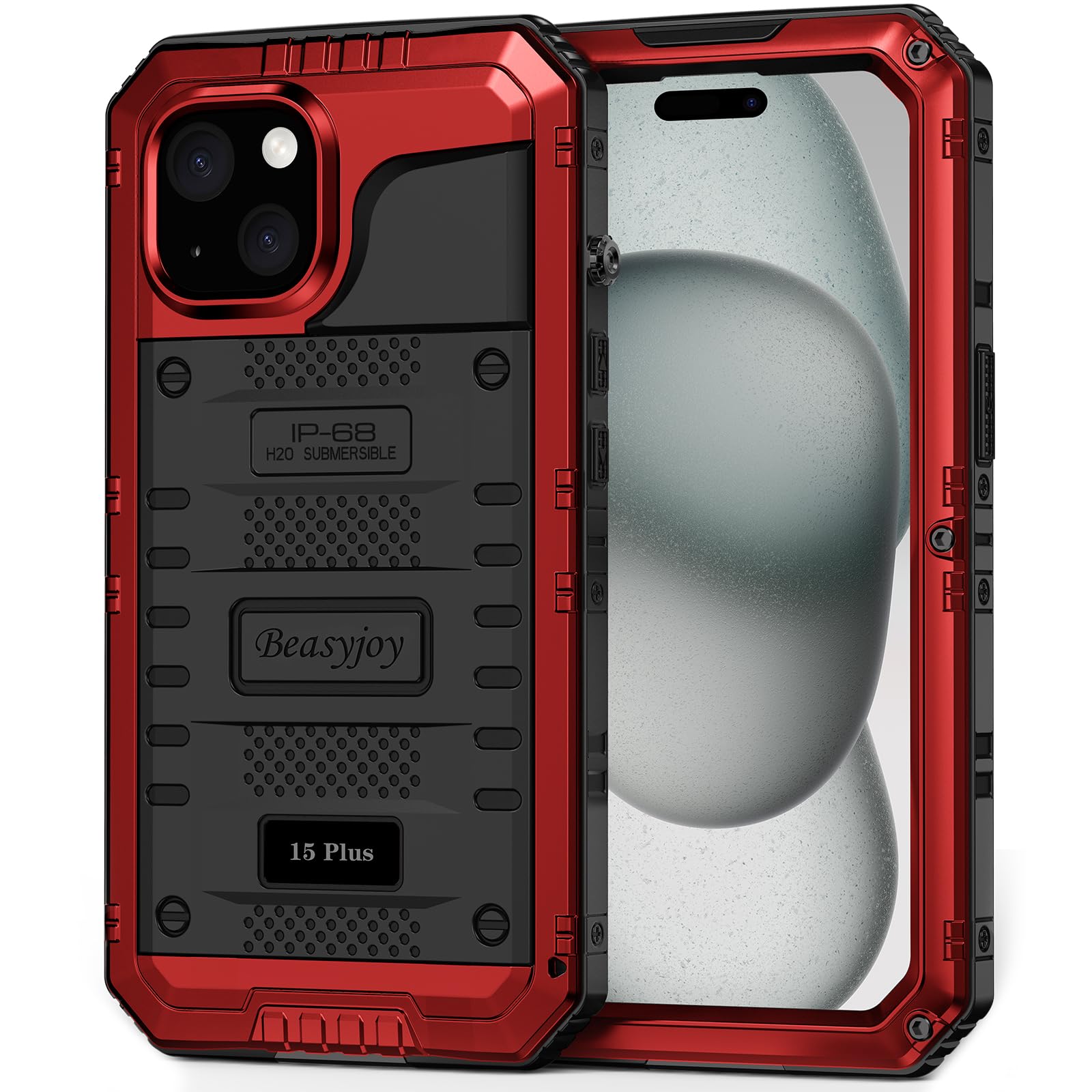 Beasyjoy for iPhone 15 Plus Case Waterproof, Metal Heavy Duty Full Body Protective Case with Built-in Screen Protector, Military Grade Shockproof