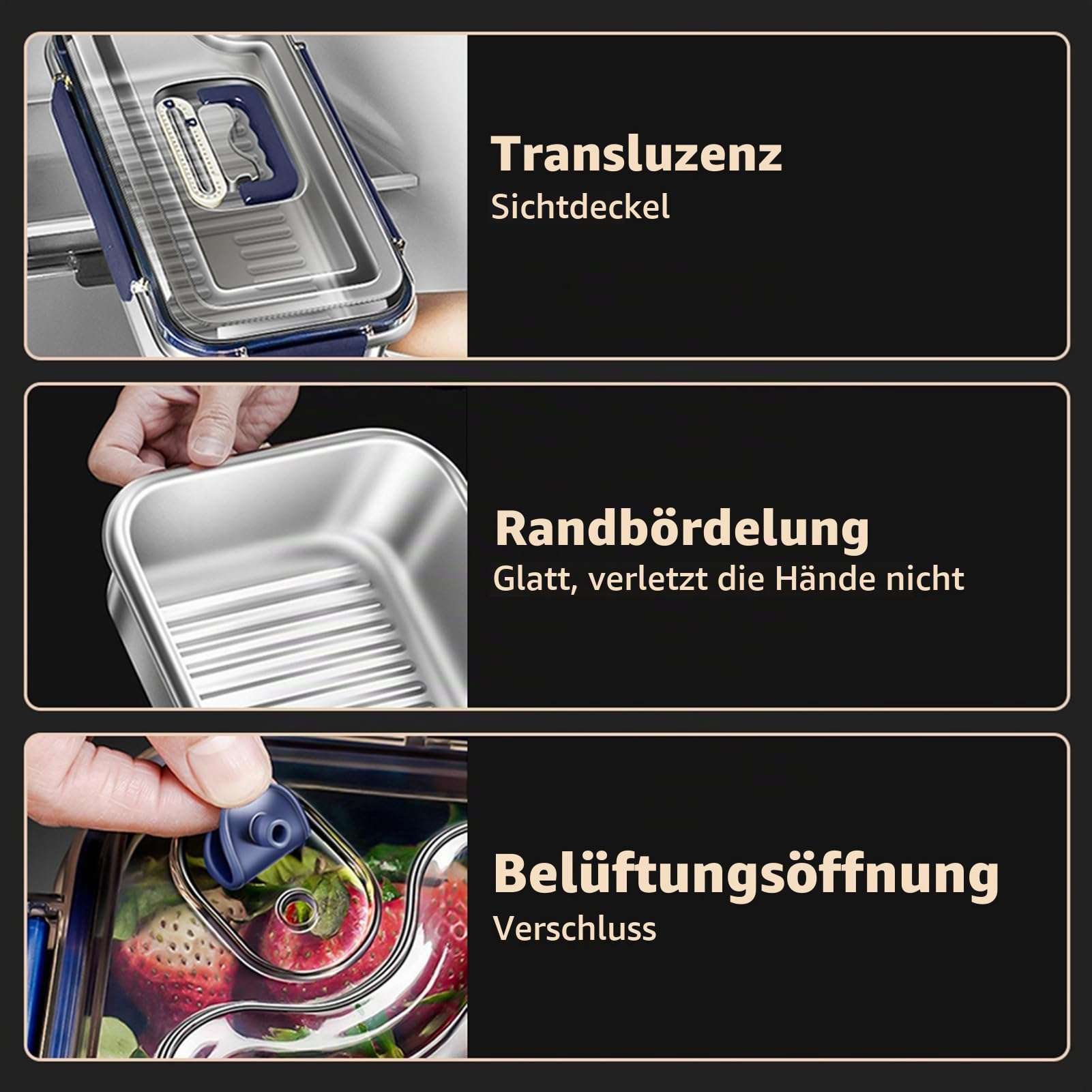 Frischhaltedosen mit Deckel, 316er Edelstahl, 5,6 L großes Fassungsvermögen luftdicht auslaufsicherer Küchen-Aufbewahrungsbehälter mit Datumsanzeige, Dichtungsring, verstecktem Griff
