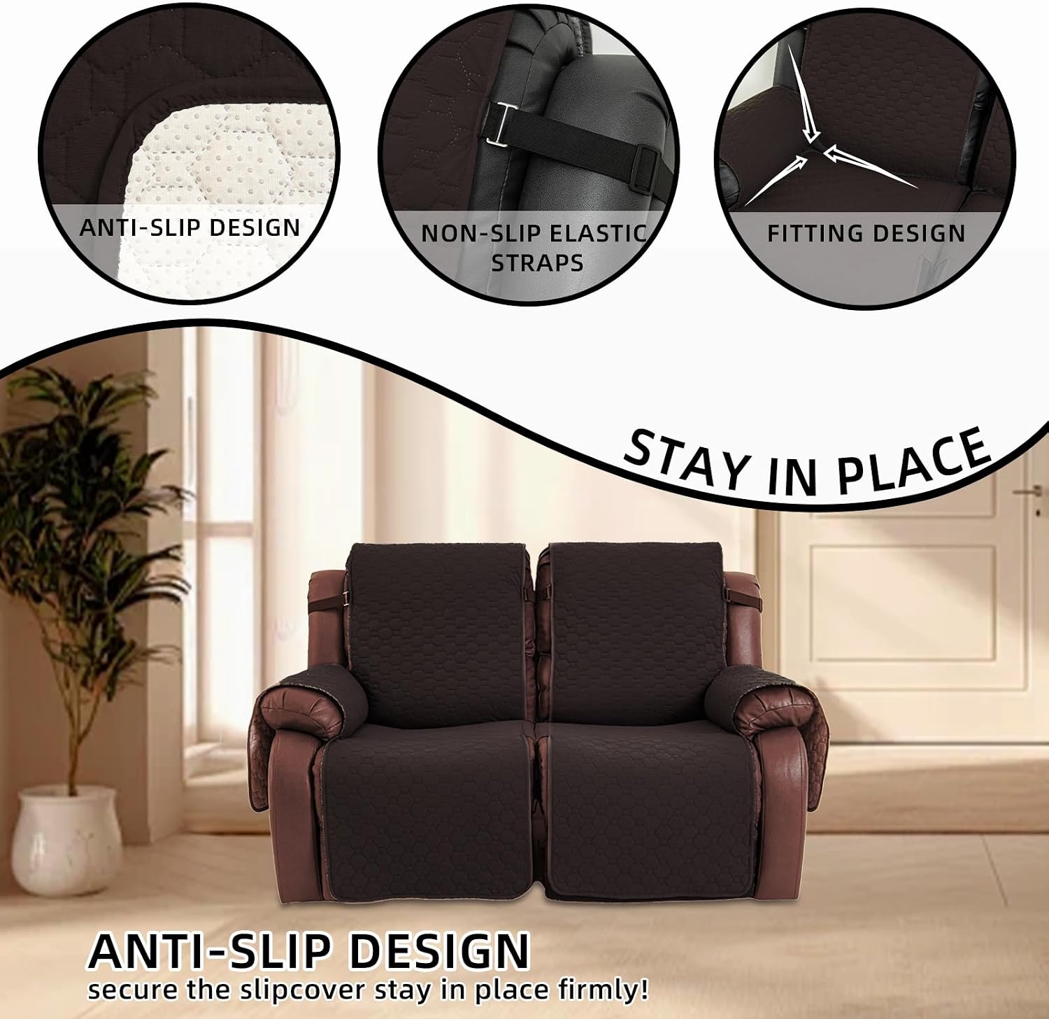2 Seater Loveseat Recliner Covers, Waterproof Non-Slip Washable 1-Piece Reclining Couch Cover with Elastic Straps and Pocket, Pet-Friendly Furniture & RV Recliner Protector (Chocolate)