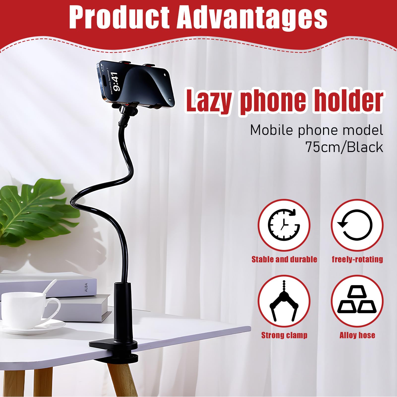Support Téléphone Lit Pince Forte, Bras Flexible 75cm Antivibration, Support Smartphone Col de Cygne 360°, Support Mains Libres pour Regarder Vidéos, Compatible iPhone Samsung
