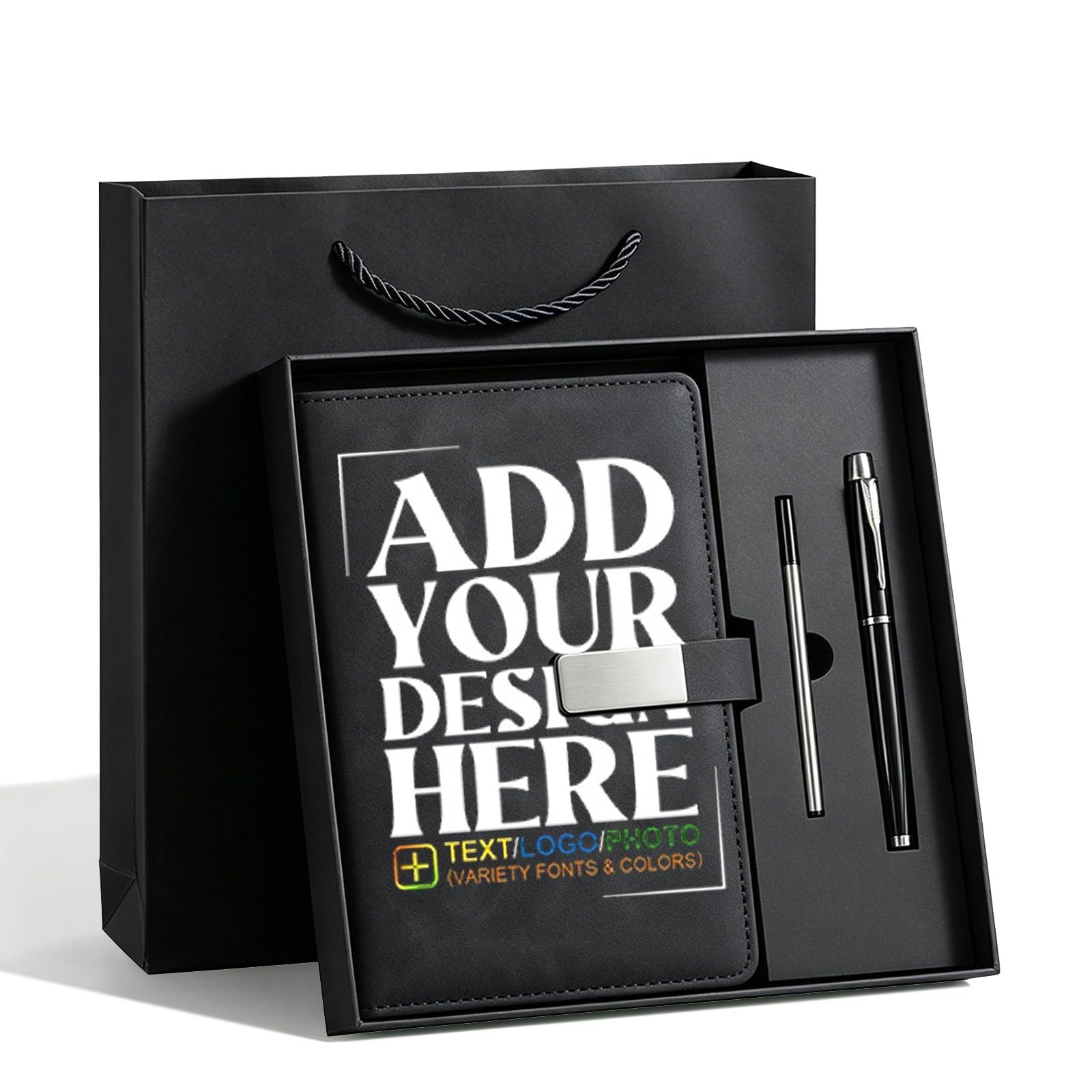 Personalised Notebook and Pen Gift Set, Vintage Leather A5 Notebook with Pen Gift Box & Gift Bag,Customised Photo/Logo/Text,Gifts for Birthday, Christmas, Colleague Teacher,Family and Friends (Black)
