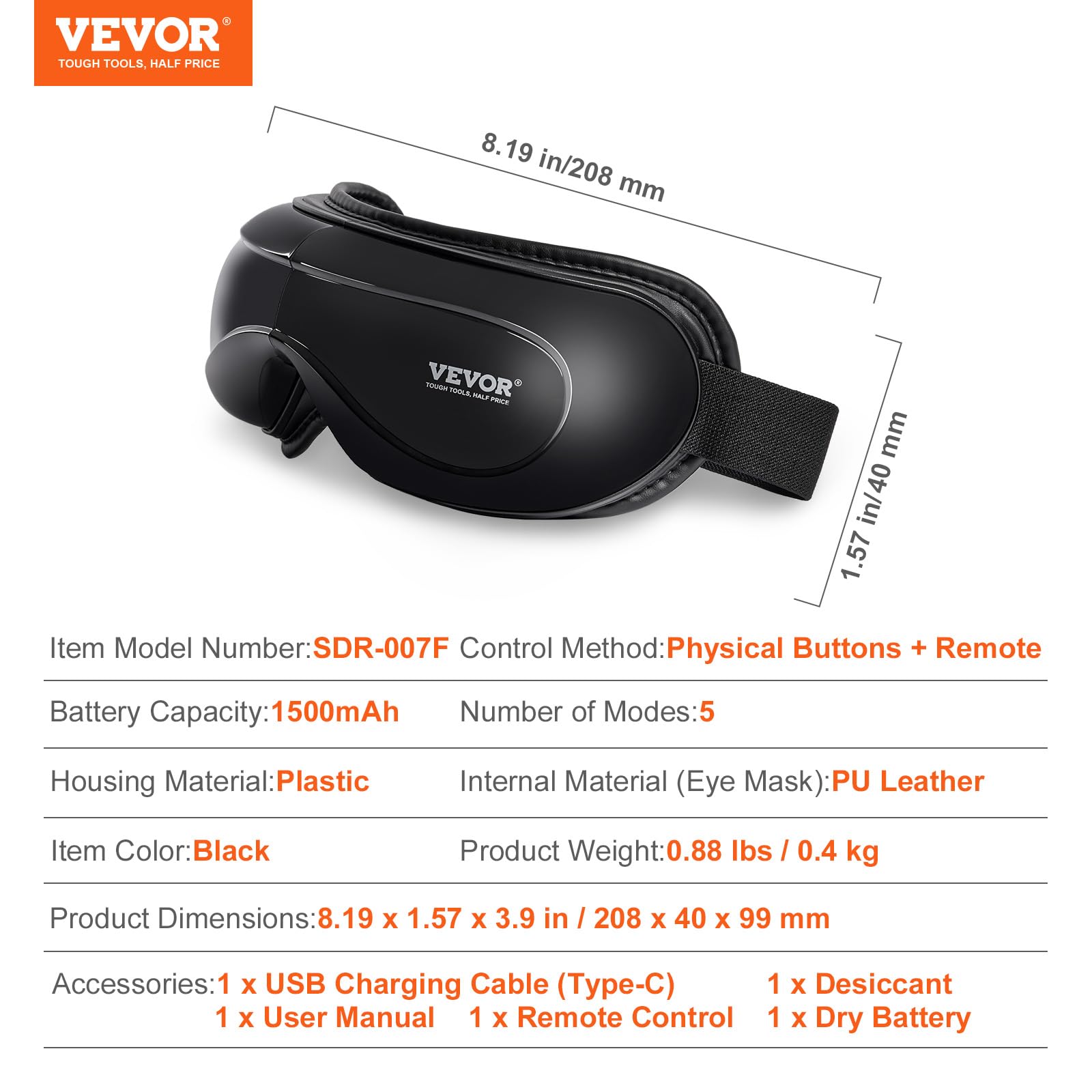 VEVOR Masajeador de Ojos con Calefacción 5 Modos y Música Bluetooth, Masajeador de Ojos Plegable de 180° para Fatiga Visual, Ojos Secos, Ojeras, Regalo Ideal para Mamá/Papá, Negro, 208 x 40 x 99 mm