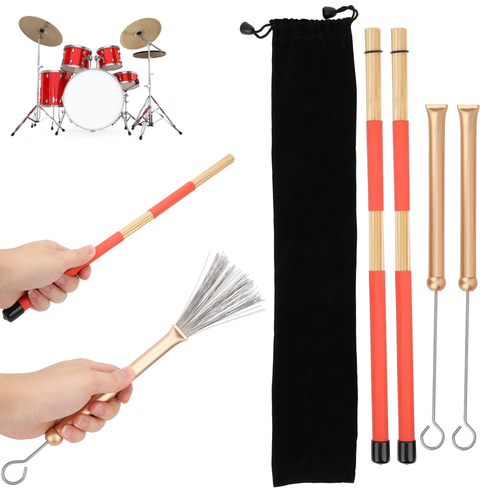 Cyllde drumsticks for drums Drum Stick Brush Set Jazz Retractable Metal Wire 19 Beam Rod Plush Bag Percussion Accessories cajon brushes,drum brushes(金色鼓刷)