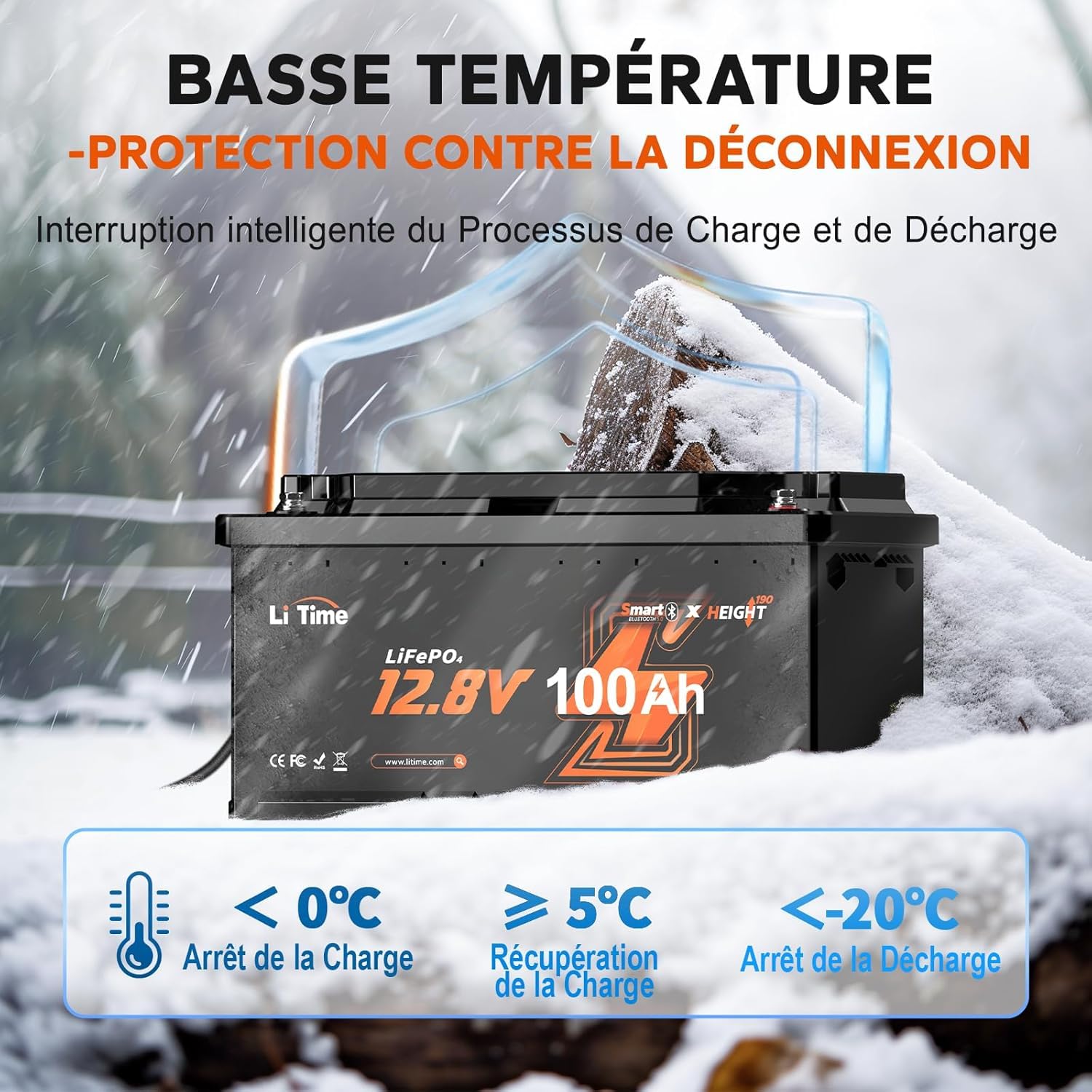 LiTime Batterie Lithium LiFePO4 12V 100Ah H190 avec Bluetooth pour Sièges de Camping-Cars: DIN H8 L5, 4000-15000 Cycles Profonds, Énergie 1280Wh, sans Entretien pour Caravane, RVs, Système Solaire