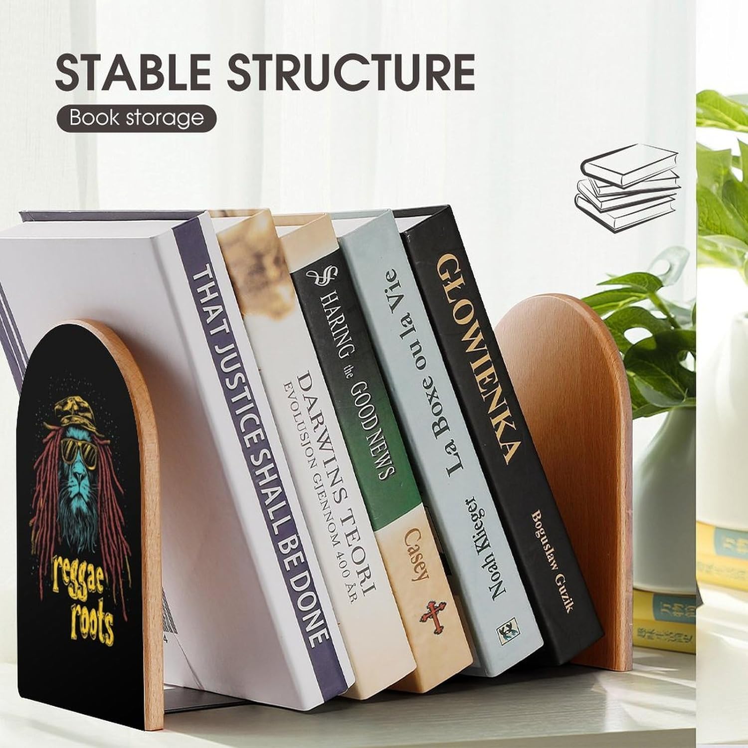 Reggae Lion Roots Cute Wood Book Ends Decorative Bookends 1 Pair Non-Skid for Shelves Home Office 7 X 5 Inch