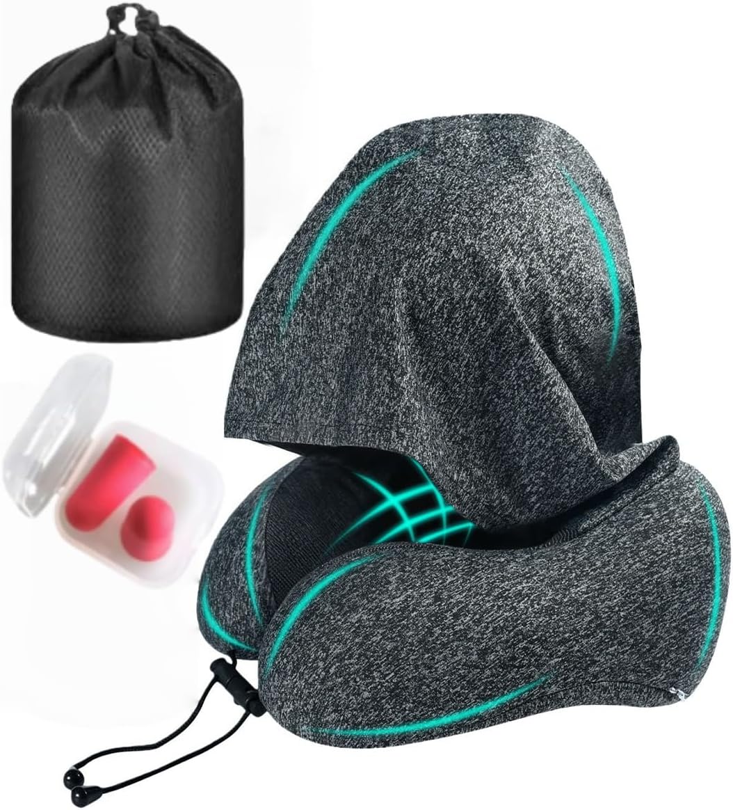 Travel Pillow with Large Hood Neck Pillow with Memory Foam Filling Hooded Travel Neck Pillow for Airplane with Removable Cover Block Out Light for Car Sleep Portable Plane Accessories