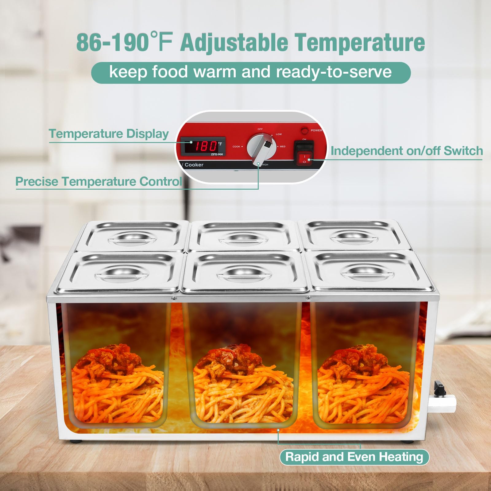 Restlrious 25.2QT Commercial Food Warmer Buffet Bain, 6-Pan Stainless Steel & Electric 4.2 QT/Pan Steam Table, Temp Control Soup Warmer with Lid and Tap for Parties, Catering, Restaurants, 110V/1000W