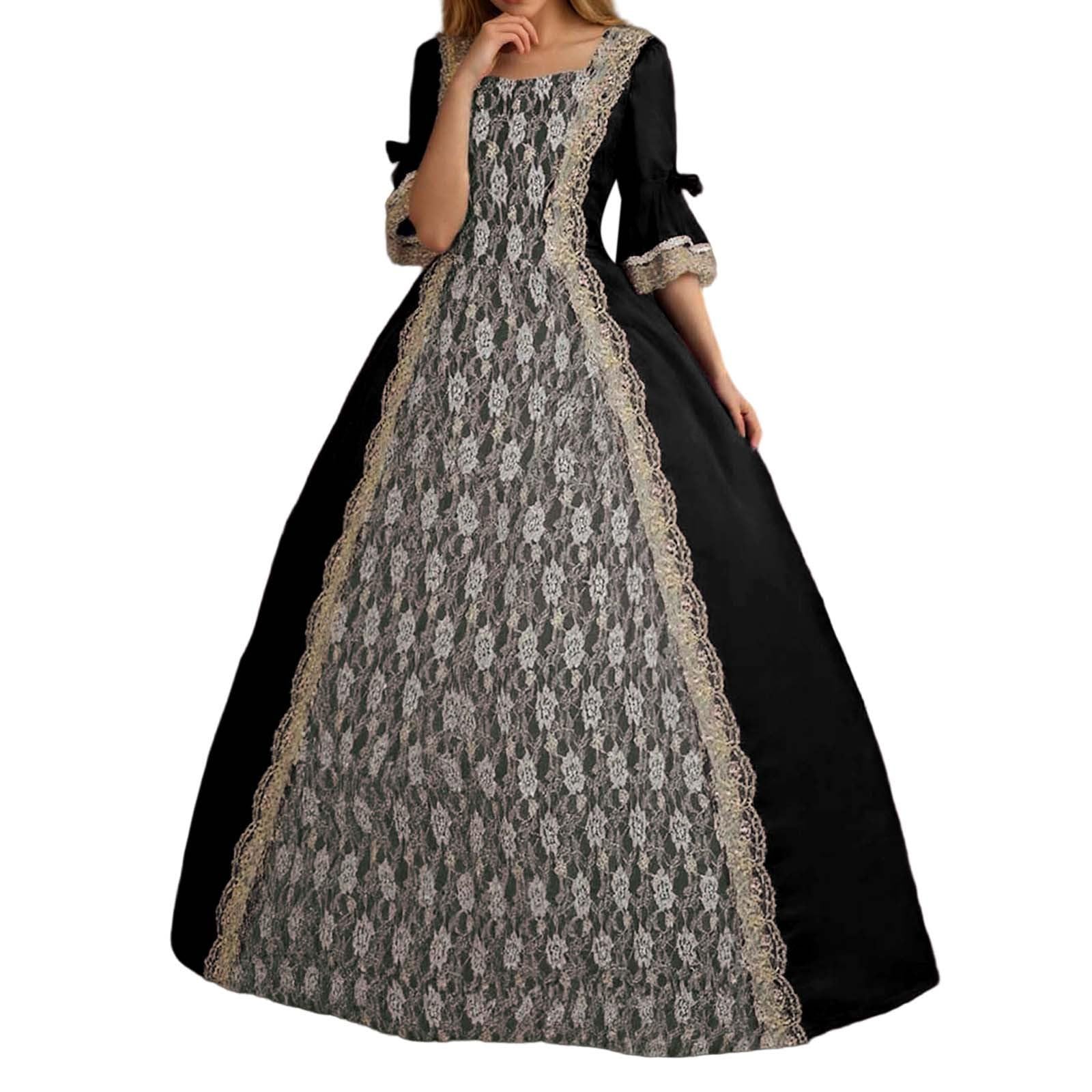 Robe Noire Halloween Gothique en Dentelle pour Femme Cosplay Médiéval Soirée Halloween Cour Élégante Tenue Festive