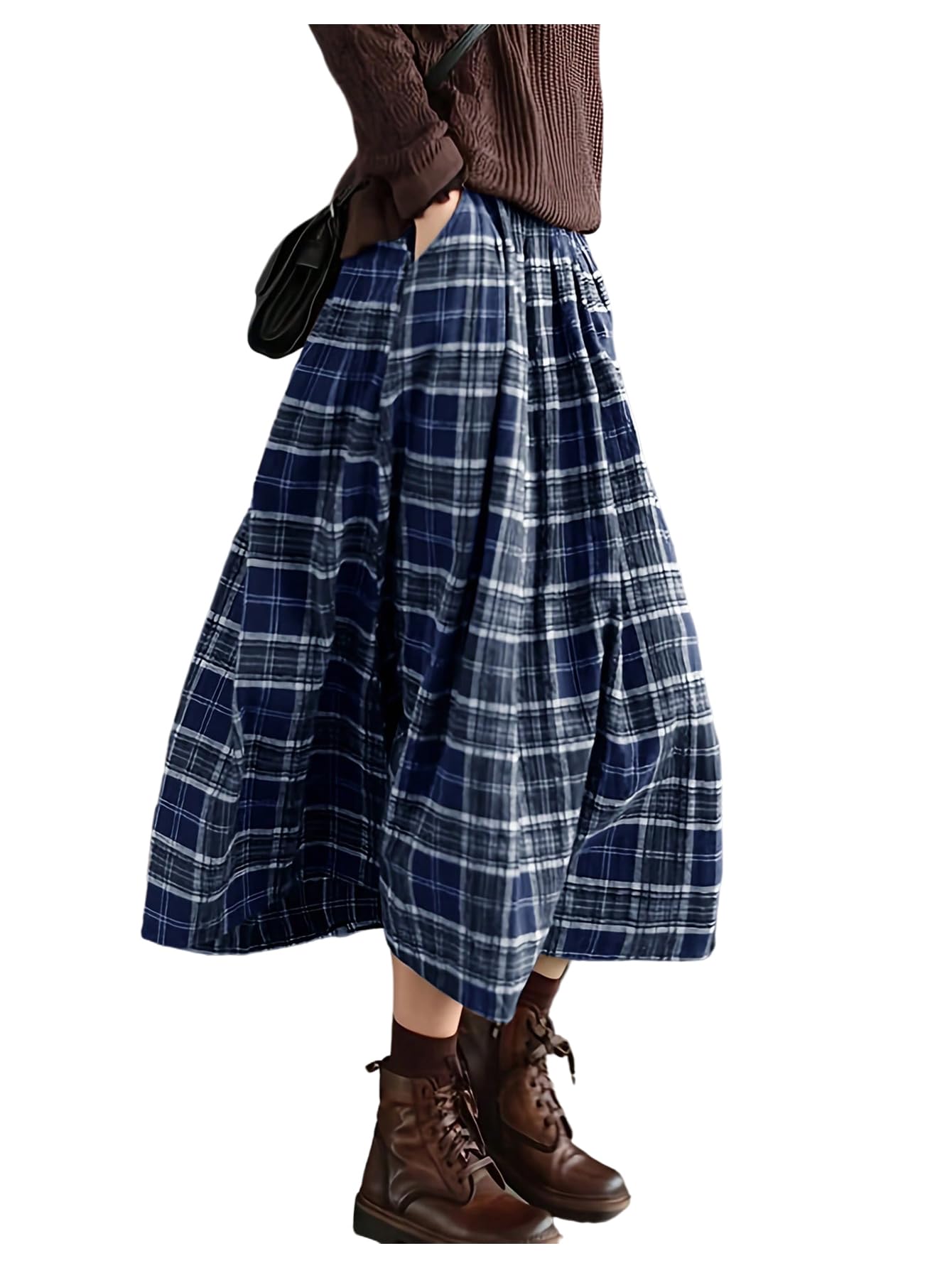 MakeMeChic Womens Plaid Skirt Elastic Waist A Line Flared Vintage Midi Skirts with Pockets