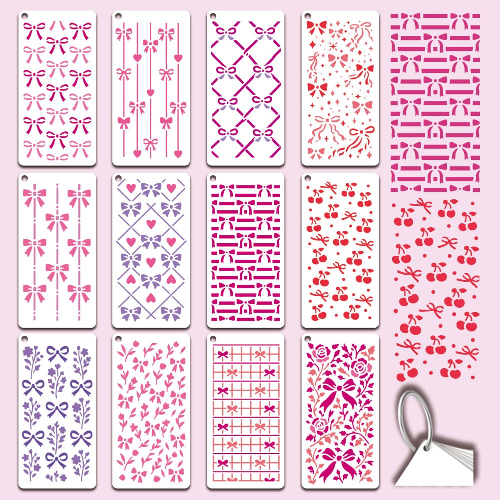 GOMAKERER 12 Sheets Bow Floral Stencil for Painting, Bow Coquette Drawing Stencil Reusable Cute Art Template for Painting on Wall Wood Home Decor