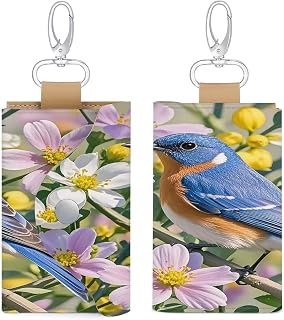 Bluebird And Flowers キーケース スリムキーケース財布 6つの吊り下げバックルフック付き スナップ留め キーホルダー財布