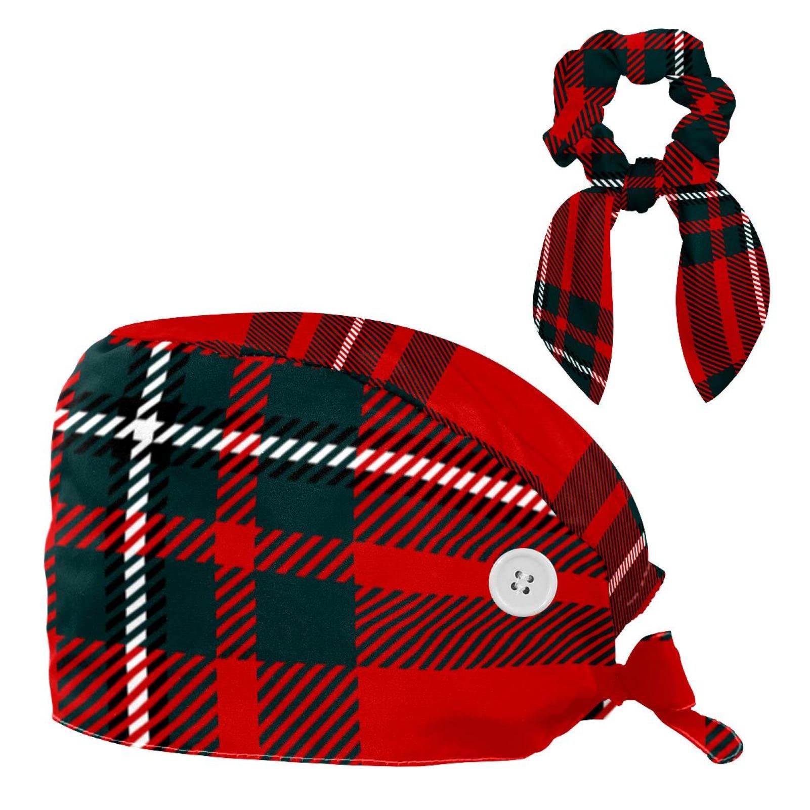 Allenada Unisex Colour6 Working Cap + Hair Tie Bouffant Caps Tie Back Hat With Sweatband Scrub Hat Turban Cap Scottish Black Red Plaid Tartan