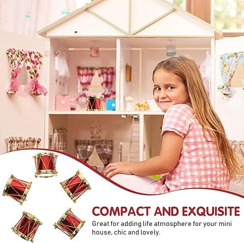 Miniatura 8 de Juego de 5 piezas de tambor en miniatura para casa de muñecas, mini instrumento musical de percusión, modelo 3D, coleccionable para decoración del