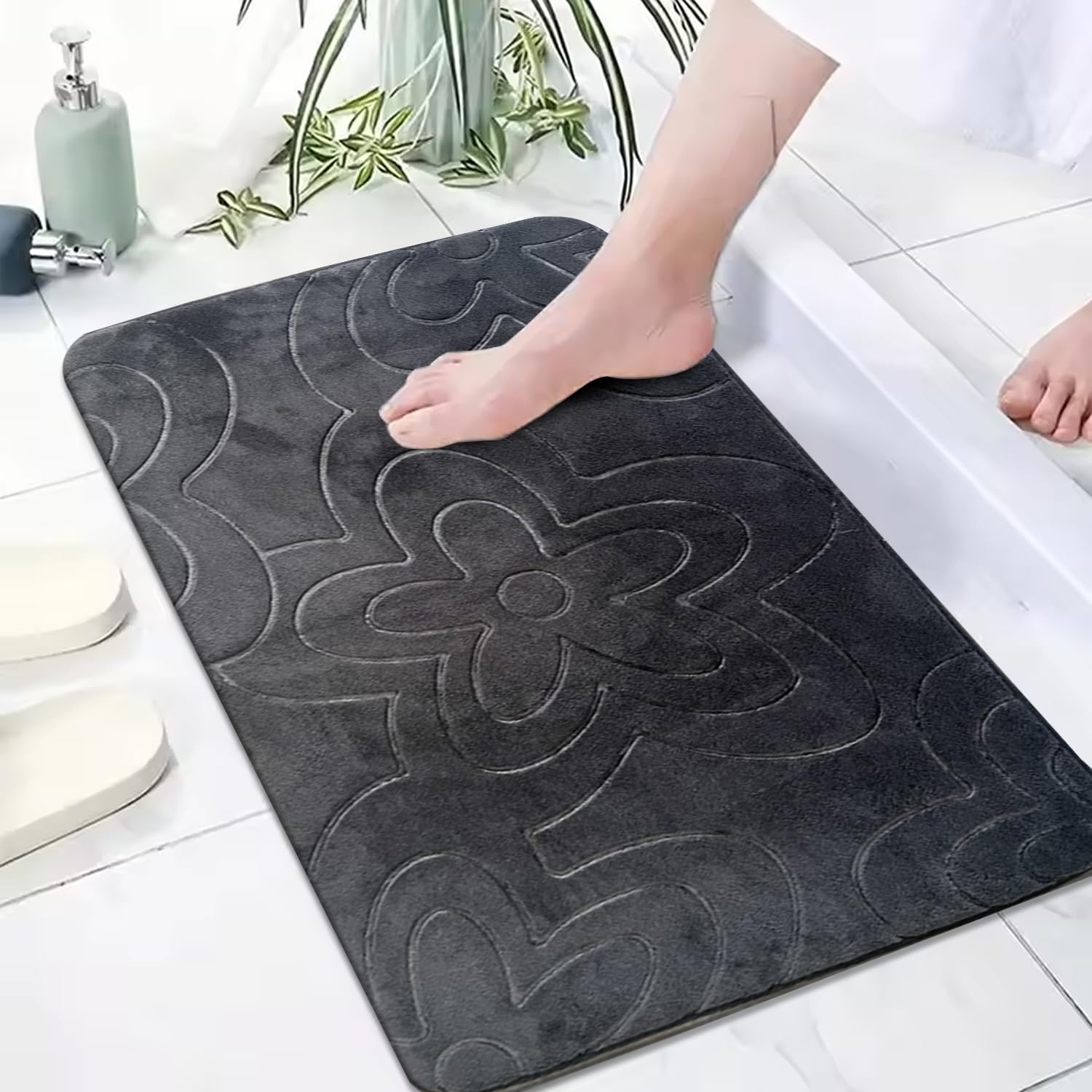 PHP Floral Foam Pedestal Mat - Extra Soft & Cozy Quick Dry Bathroom Toilet Mats - Non Slip Floor Matts (Charcoal, 50 x 40 cm)