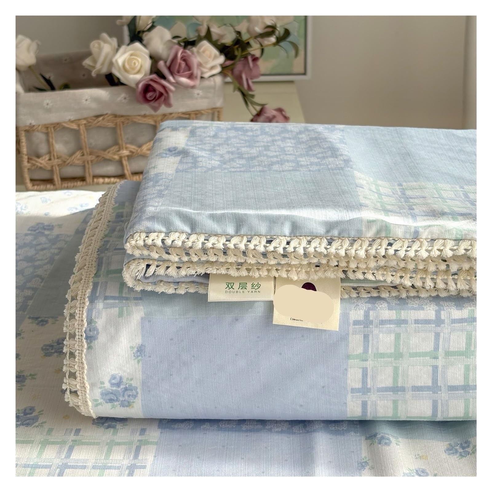 Spring Summer Floral Print Double Gauze Bed Sheet With Fringe Lace Trim(Wanran,200x230cm Twin)