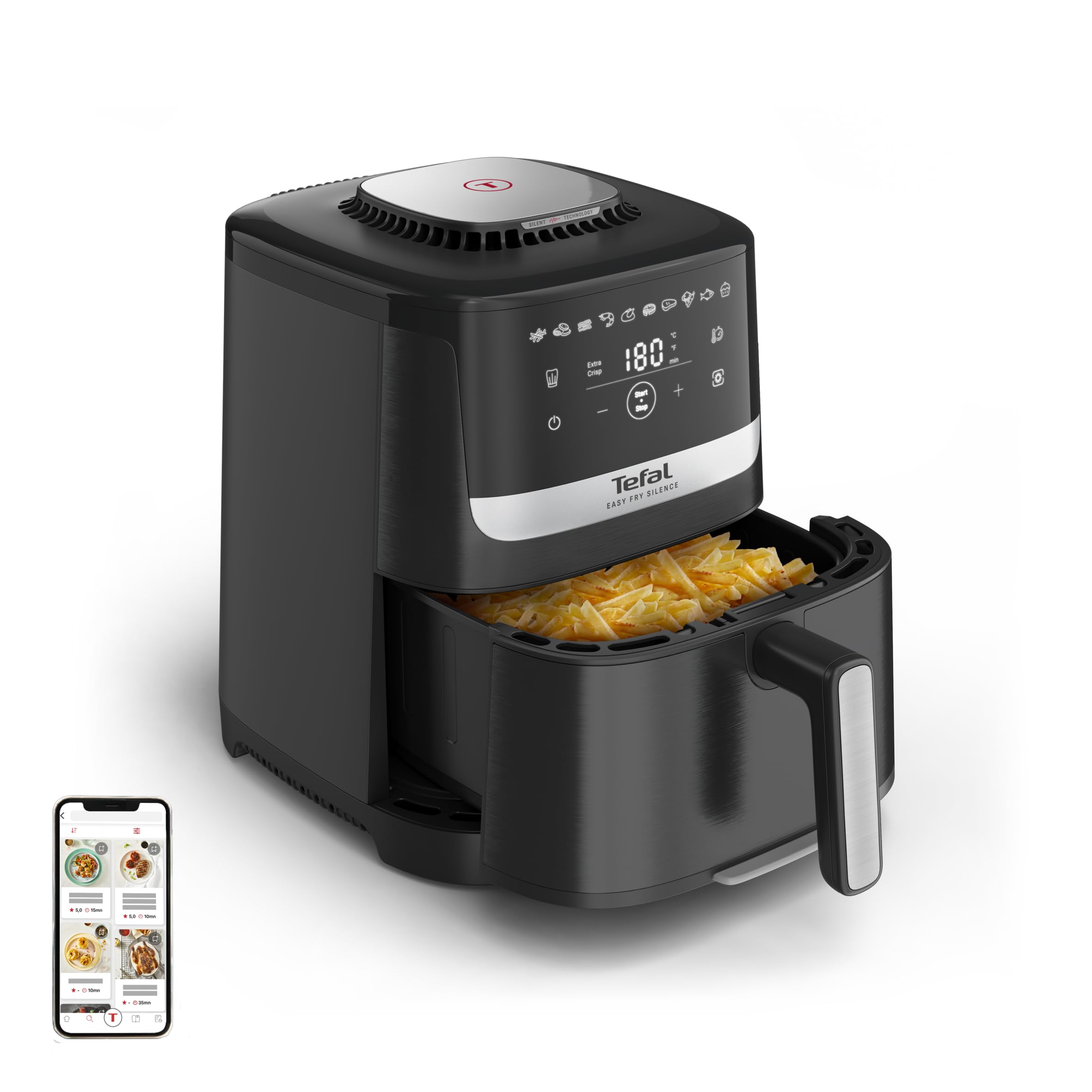 Tefal Easy Fry Silence, Freidora de aire caliente, hasta un 99% menos de grasa, nueva tecnología silenciosa, capacidad de 5 l, con rejilla de cocción antiadherente, fácil limpieza, Negro, EY5528E0