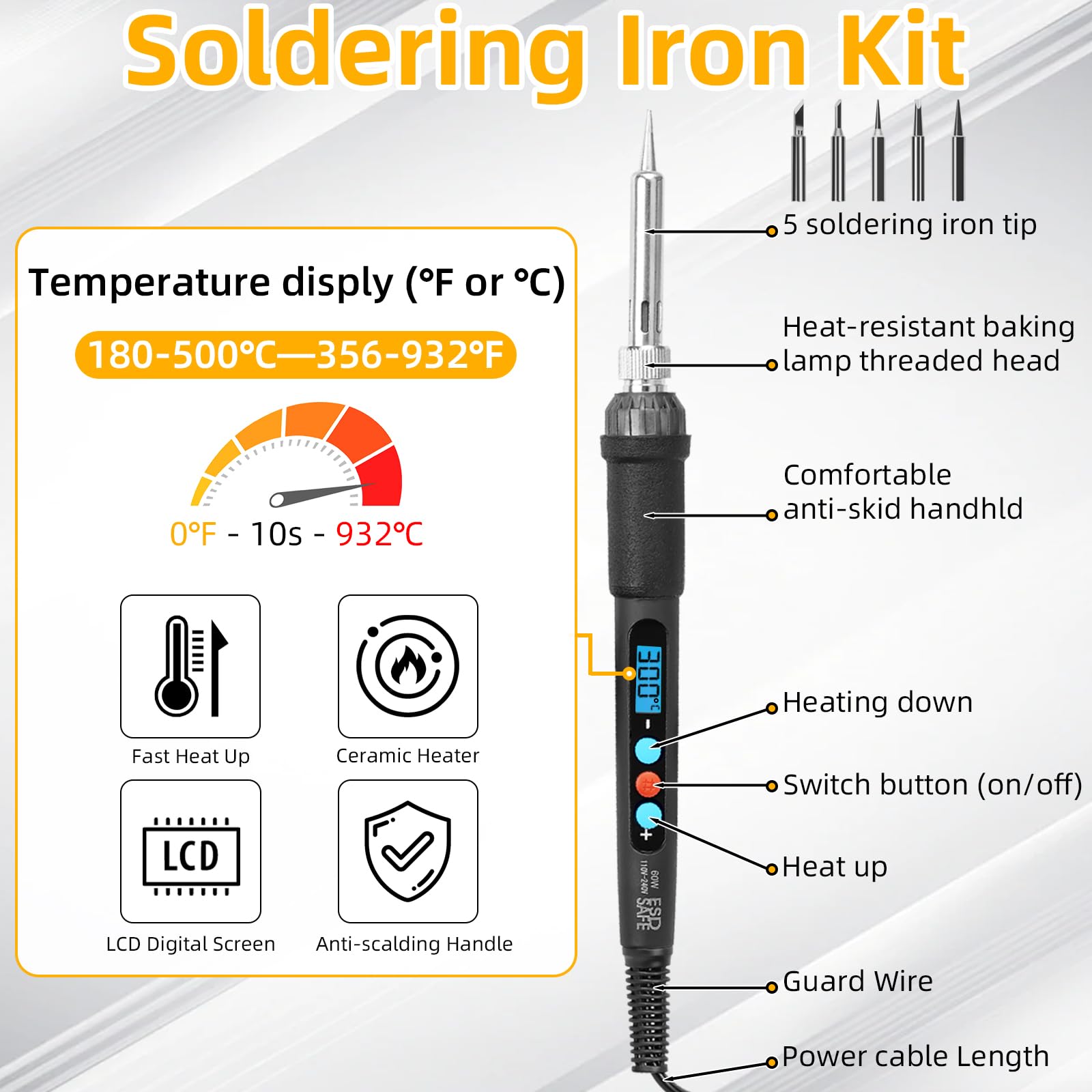 Fer à Souder Kit, Fer a Souder Etain Température Réglable 180-500°C Fer a Souder Electronique de Precision avec Etain a Souder, Pompe a Dessouder, Multimètre Numérique, 5 Conseils de Soudage
