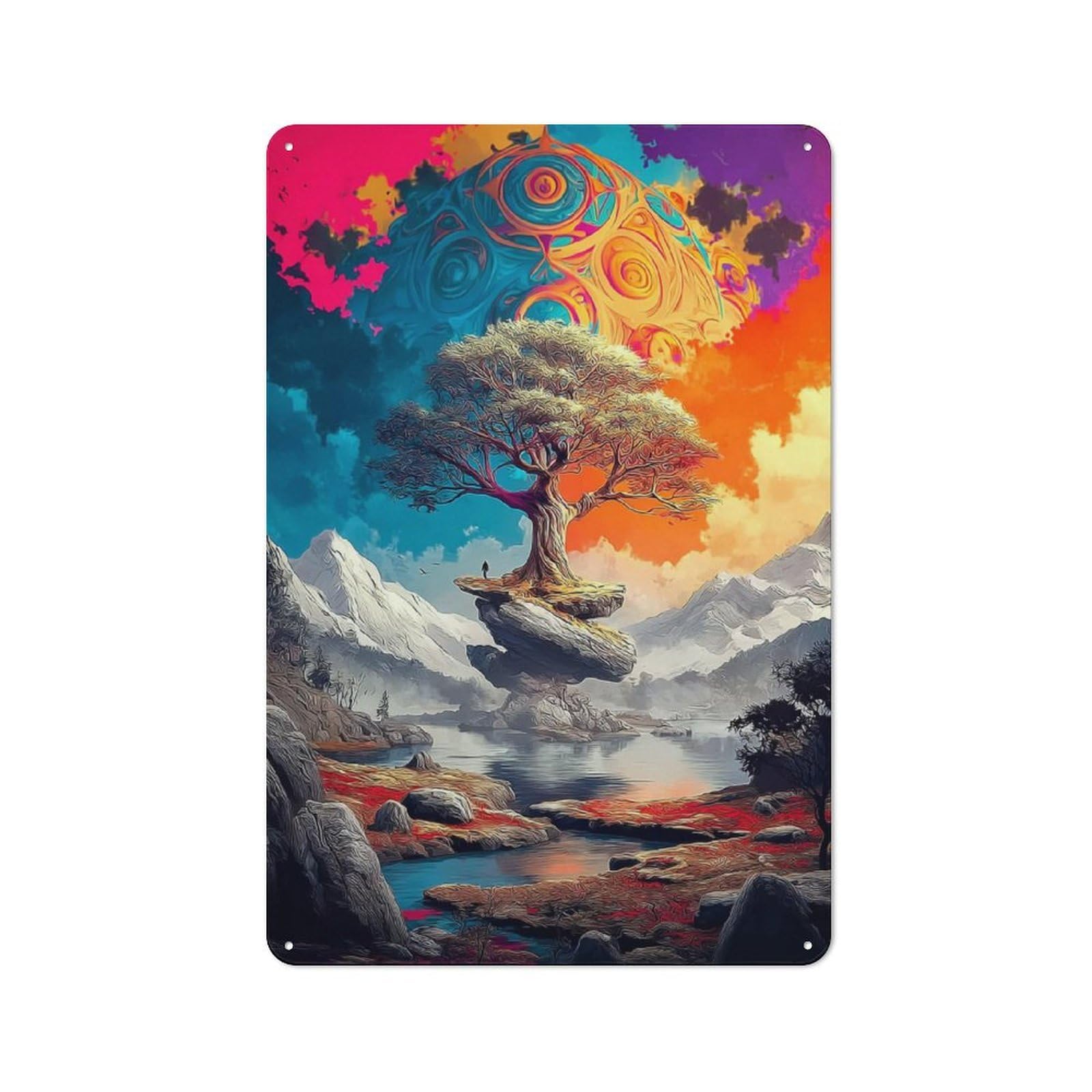 Junmoney Fantasy Landscape With Tree And Sunset Tin Wall Plaque 30X20cm With For Pub Or Café, For Hospitality Wall Decor Collectors
