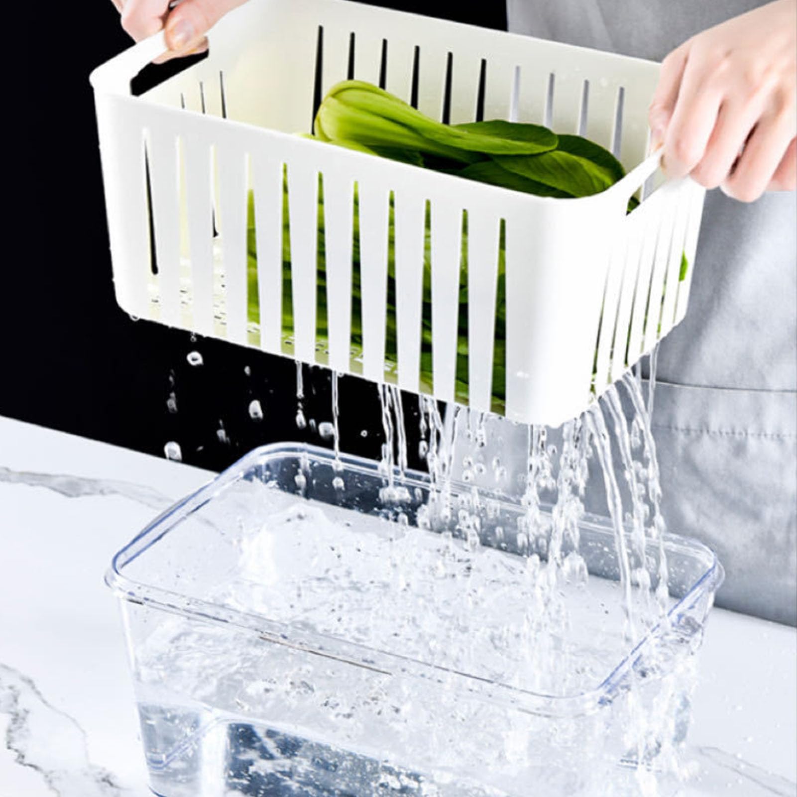 Luftdichter Frischhaltebehälter mit Sieb, Datumsanzeige, Stapelbares Design, für Kühlschrank mit Gefrierfach, Hält Obst und Gemüse Länger Frisch (Weiß M)