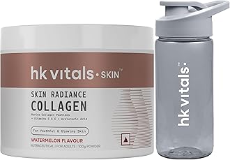 HealthKart hk vitals Skin Radiance Collagen Powder, Marine Collagen (Watermelon, 100 g) Collagen Supplements with Biotin for Healthy Skin, Hair & Nails with Sipper Bottle (Teal, 300 ml)