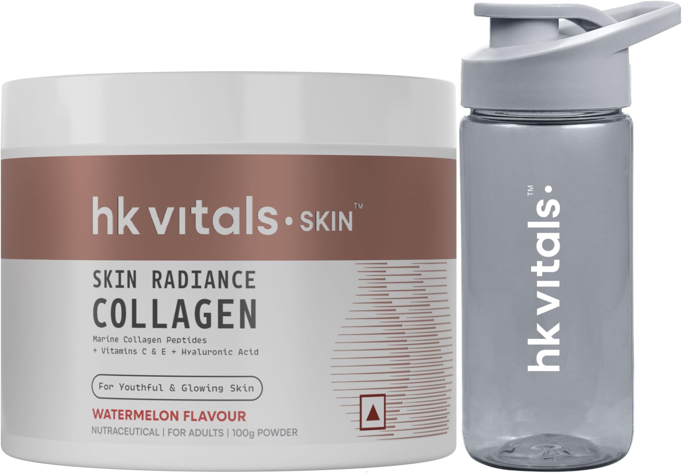 HealthKart hk vitals Skin Radiance Collagen Powder, Marine Collagen (Watermelon, 100 g) Collagen Supplements with Biotin for Healthy Skin, Hair & Nails with Sipper Bottle (Teal, 300 ml)