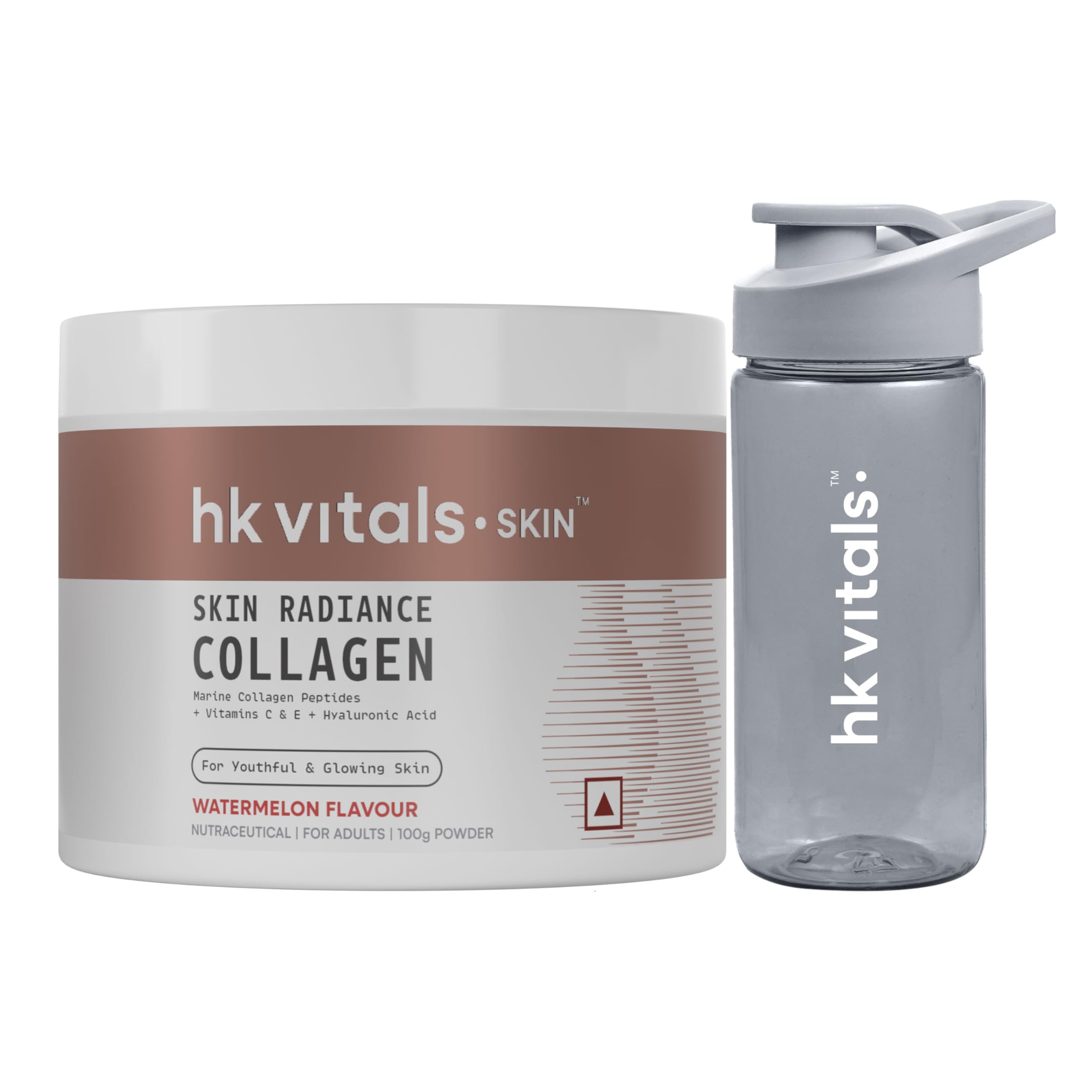 hk vitals Skin Radiance Marine Collagen Supplement(Watermelon, 100g) & Sipper Bottle (Grey, 300ml) Combo Pack | With Vitamin C & E | For Healthy Skin, Hair & Nails