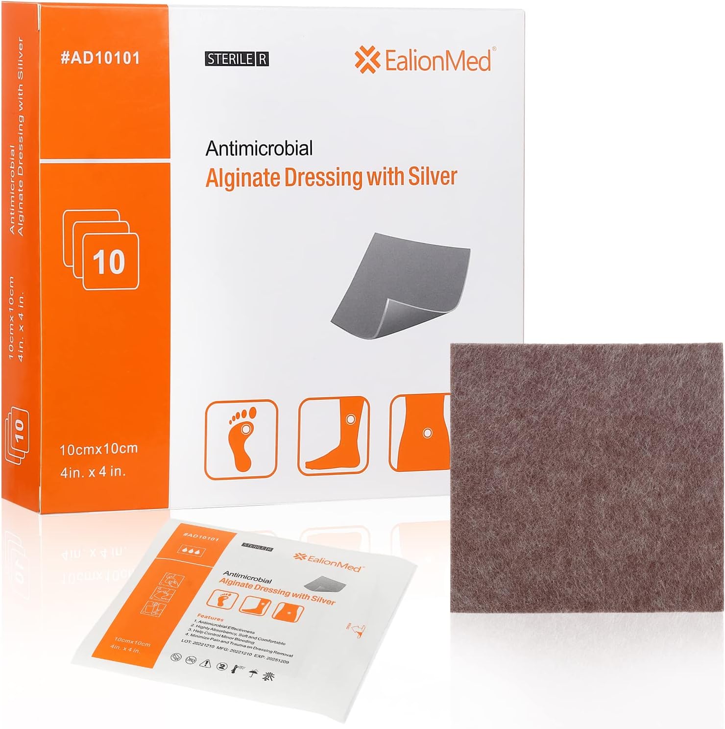 EalionMed Silver Calcium Alginate Wound Dressing Pad 4''x4'', 10 Packs, High Absorbency Non-Stick Ag Gauze Patch for Pressure Ulcer,Bed Sore,Leg Sore,Diabetic Foot Ulcer