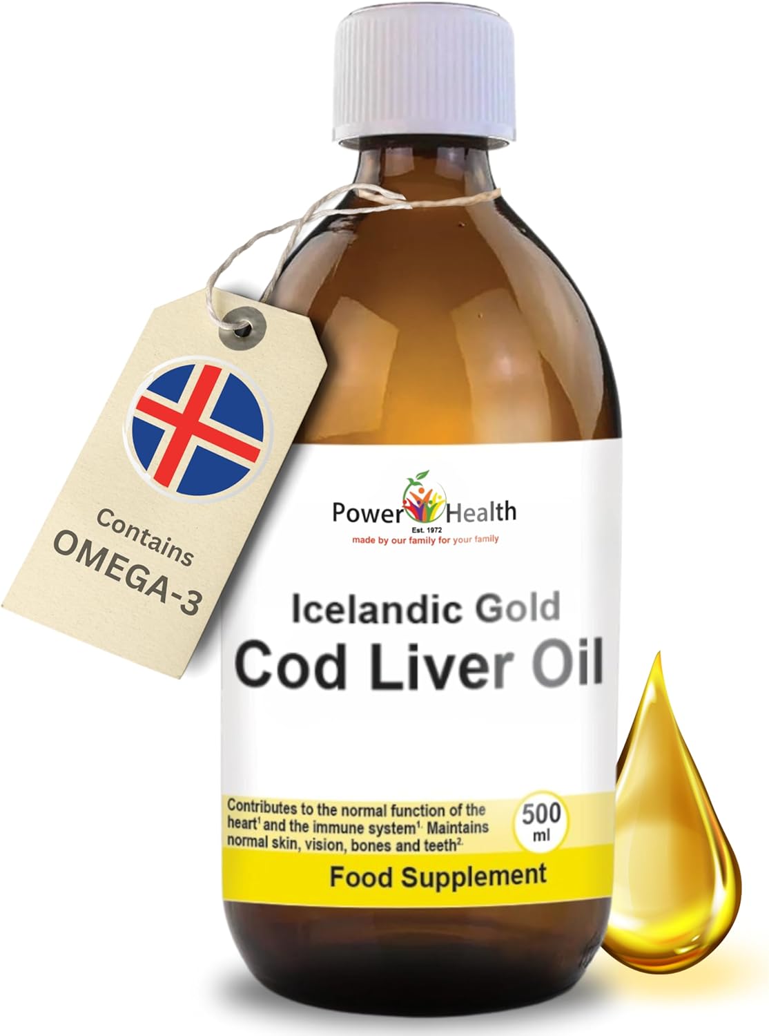 Icelandic Gold Cod Liver Oil Liquid (Pack of 1) by Power Health | 500ml of Premium Omega 3 Fish Oil with Vitamin A and D | Codliver Oil with Omega 3 Essential Fatty acids, Including EPA and DHA