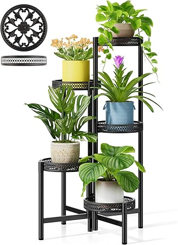 Soporte para Plantas de Interior y Exterior, Estante de Exhibición de Flores de Metal de 5 Niveles para Esquina, Estante Alto Plegable para Patio,