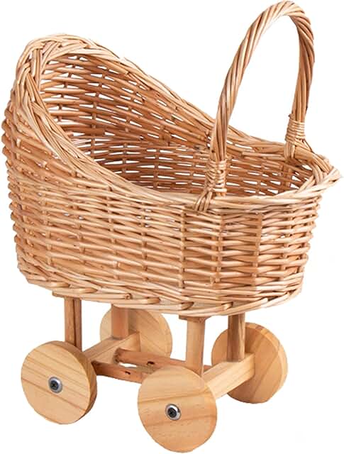 Woven Rattan Stroller Shaped Flower Basket, Vintage Wicker Baby Carriage...
