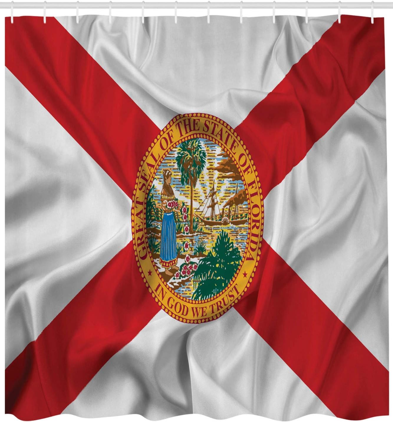 Ambesonne American Shower Curtain, Florida Flag Land of Sunshine Flowers Palms Rivers and Lakes Steamboat, Cloth Fabric Bathroom Decor Set with Hooks, 69" W x 70" L, Red White Multicolor