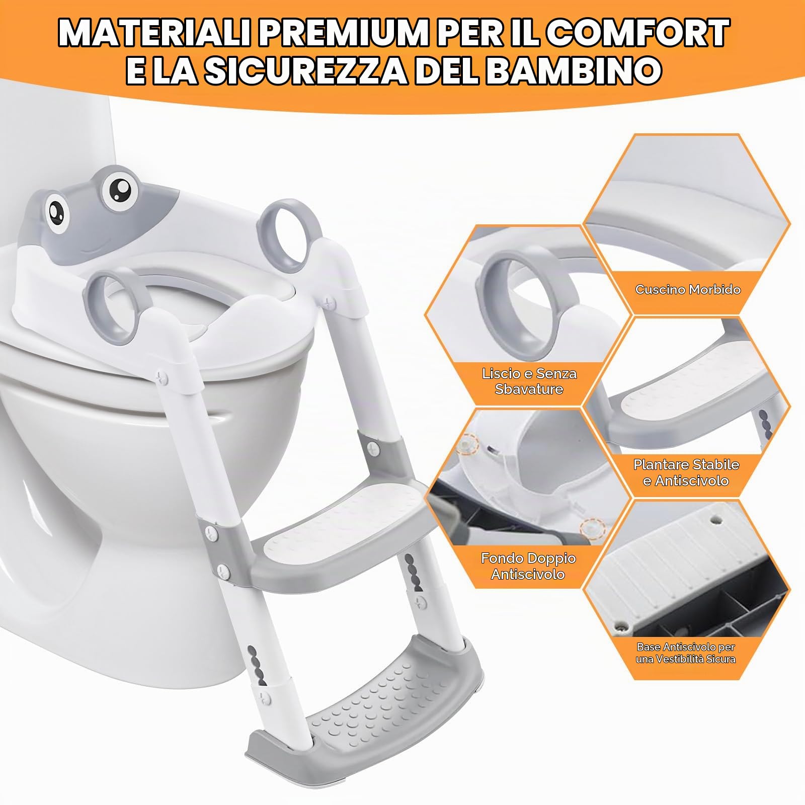 UCAMP Riduttore wc per bambini,Riduttore wc Bambini, Scaletta WC per Bambini Pieghevole, Pieghevole Regolabile in Altezza, con PVC Morbida Seduta Imbottita, pedana antiscivolo anti-spruzzo,per V,U,O