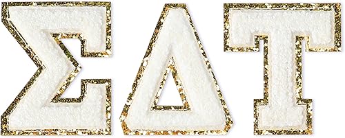 Sorority Shop Sigma Delta Tau - Adhesivos de letras de chenilla, parte trasera adhesiva, juego de 3 letras griegas Sorority Shop Sigma Delta Tau - Adhesivos de letras de chenilla, parte trasera adhesiva, juego de 3 letras griegas