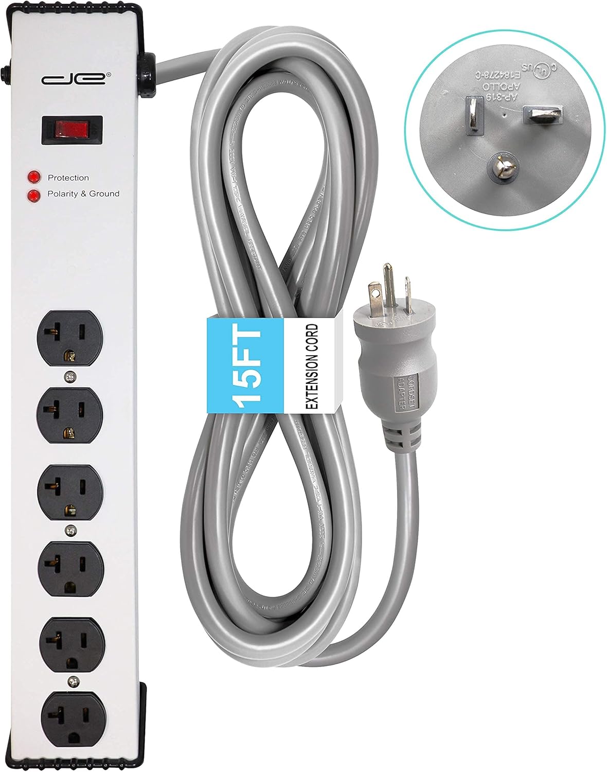 Digital Energy 20 Amp 6-20/T- Slot Plug | 15-Ft Cord - 900 Joule Surge Protector | 6-Outlet, Heavy Duty Steel Body Power Strip