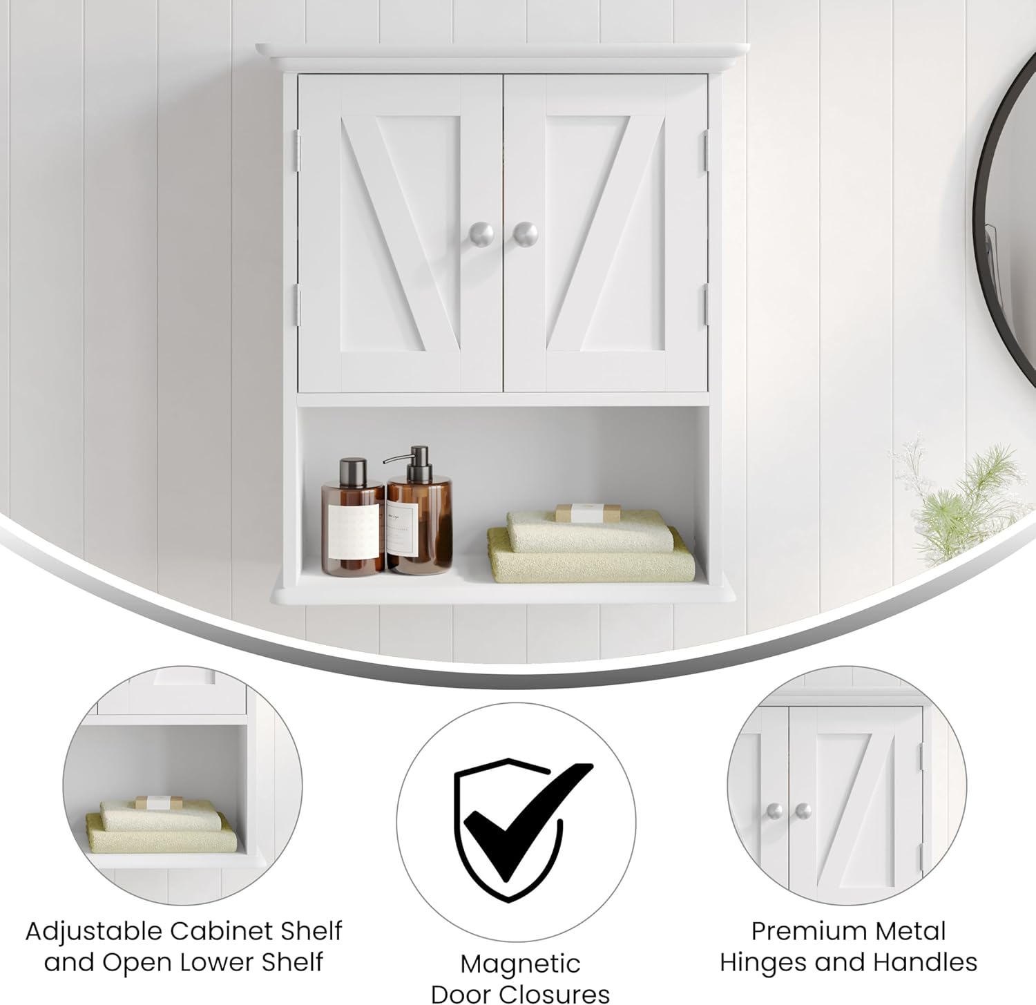 Flash Furniture Dune Farmhouse Wall Mounted Bathroom Medicine Cabinet Storage Organizer, Magnetic Closure Doors, in-Cabinet Adjustable Shelf, Lower Open Shelf, White