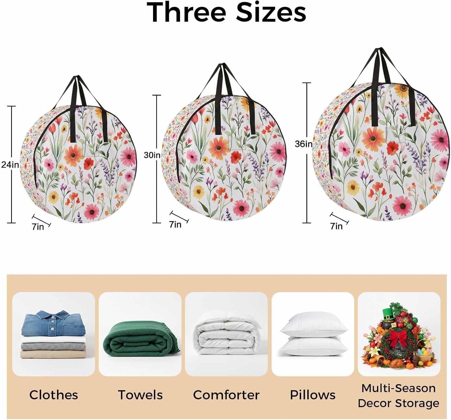 Spring Floral Round Storage Bag 36 Inch, Pink Yellow Wildflowers Watercolor Botanical Clothes Storage Container with Handles Heavy Duty Organizer for Comforter, Bedding & Holiday Wreaths