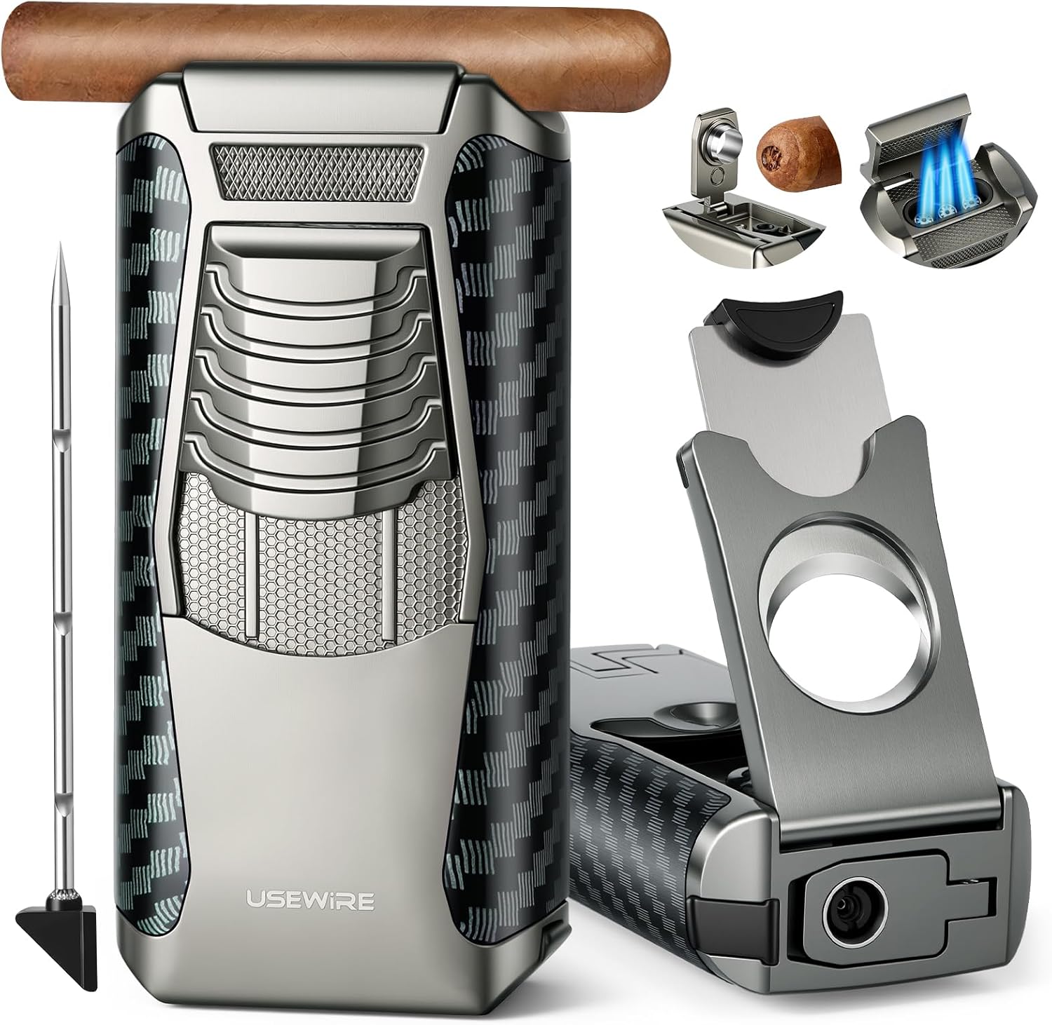 Cigar Lighter 3 Jet Flame Torch Lighter with Precision Guillotine Cutter, Cigar Rest, Punch Cutter, and Draw Enhancer – Multi-Functional Cigar Accessories for Men (No Butane) (Sand Black)