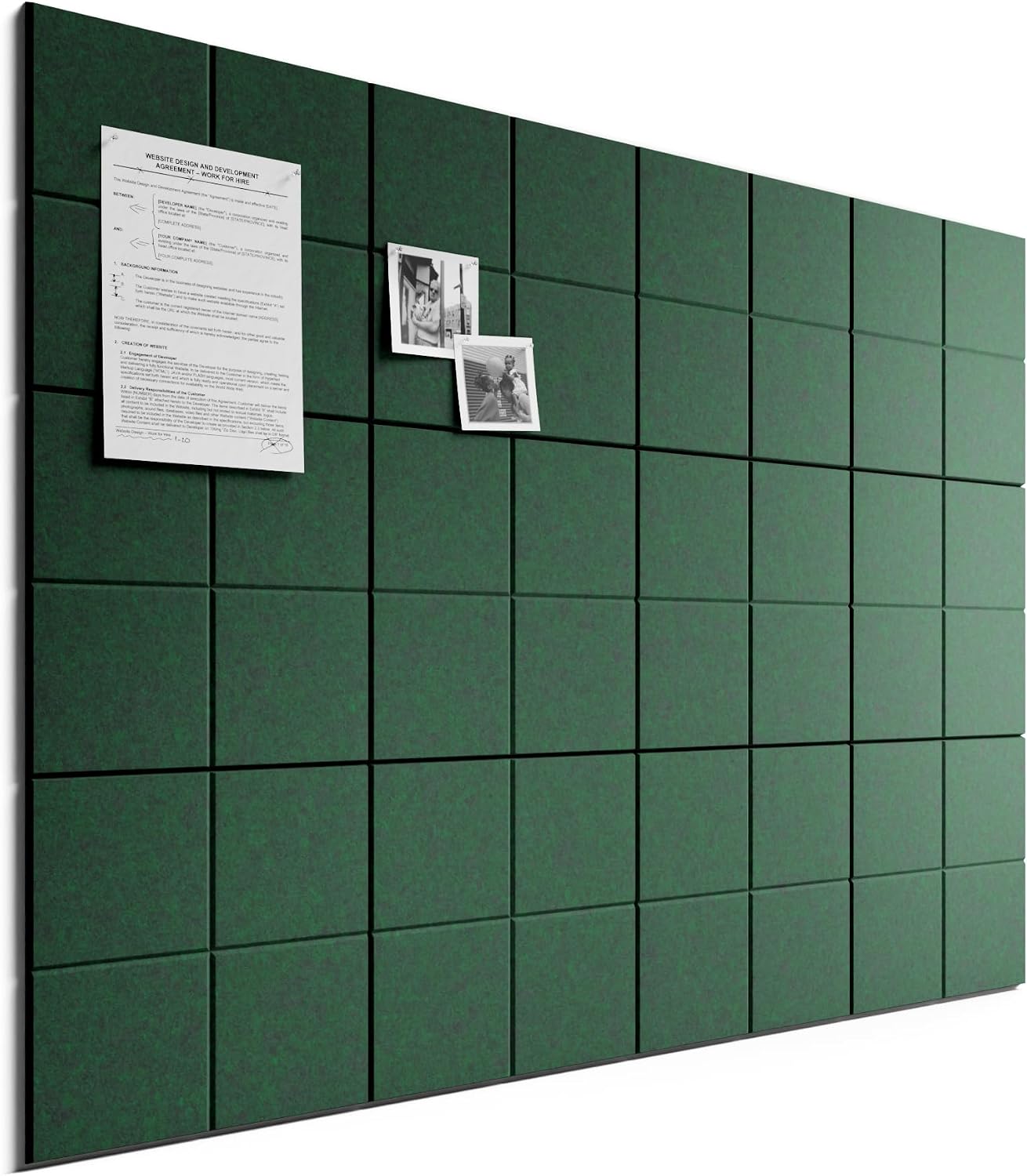 Bumusty Large Felt Bulletin Board, 48" x 36" Cork Board Alternative, 12-Pack Wall Tiles with 4-Compartment Design, 30 Push Pins, 70 Adhesive Tabs, Ideal for Office & Home Decor, Pine Green
