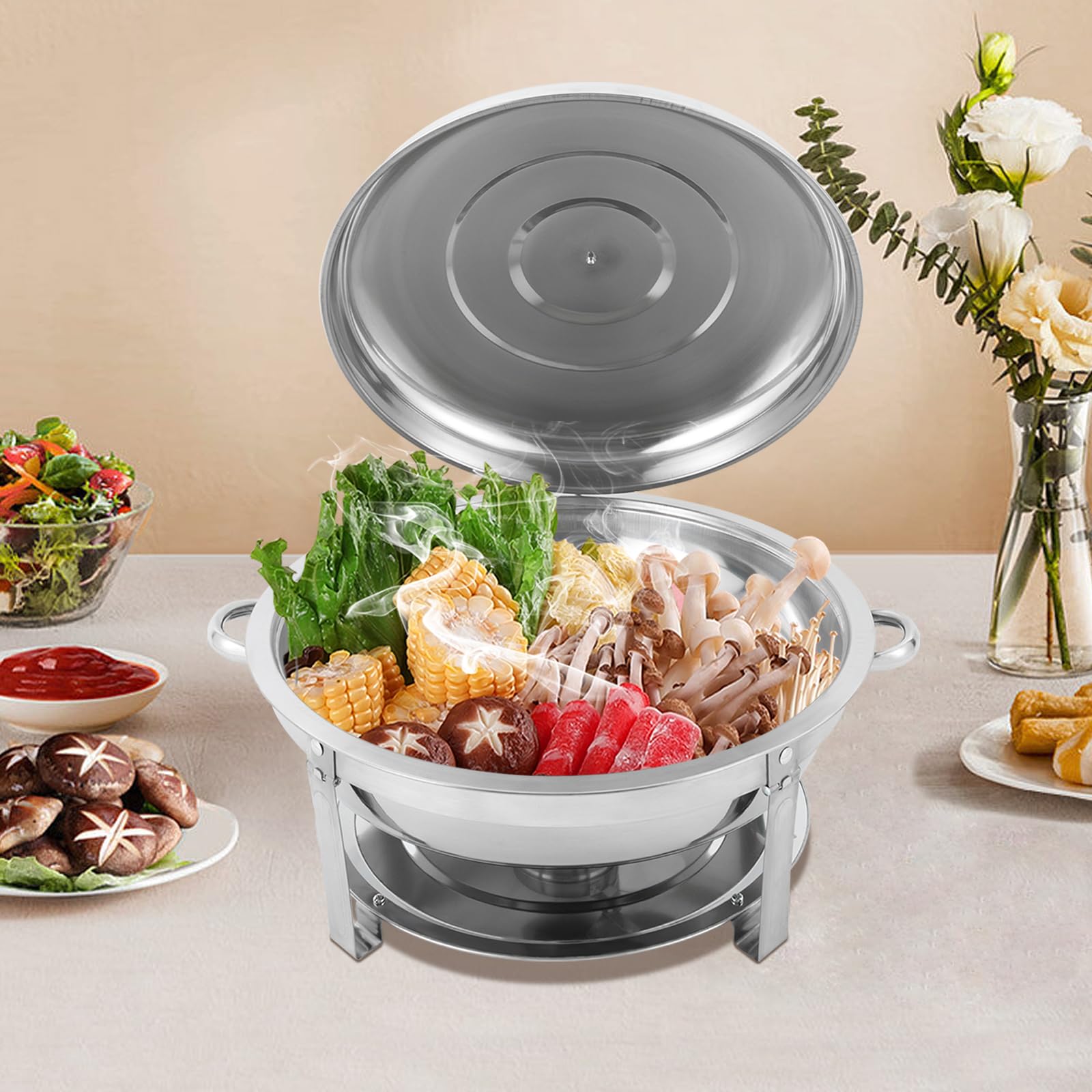 Chafing Dish, contenitore termico rotondo in acciaio inox, 9 litri, contenitore per buffet e feste