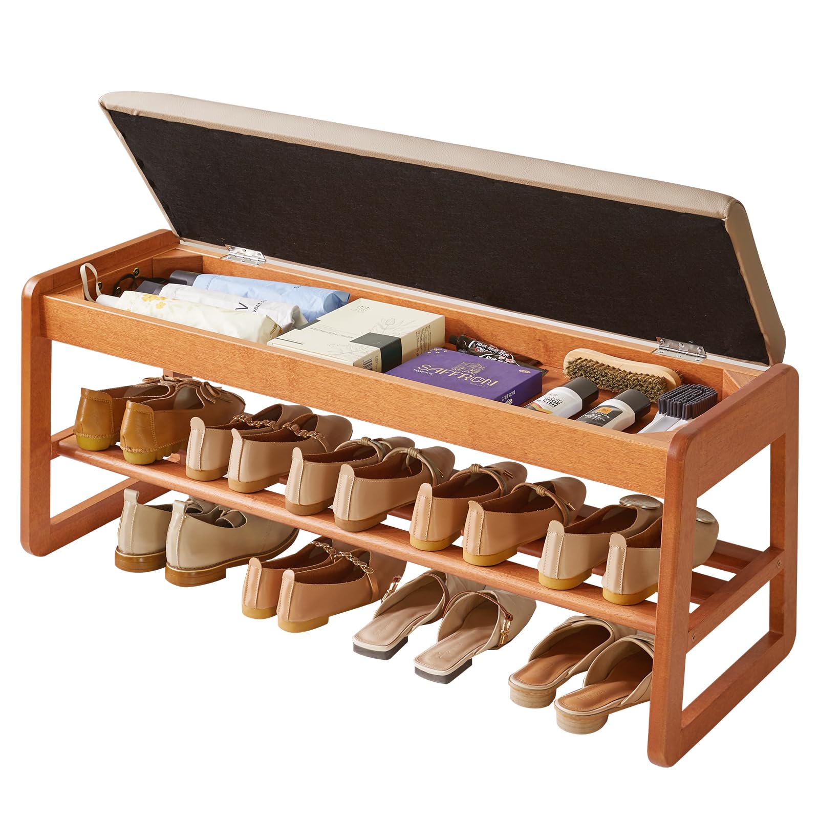 Aibiju Schuhbank mit Kissen, Aufbewahrungsbank mit gepolsterter Sitzfläche, 100 cm Schuhregal für Eingangsbereich, Wohnzimmer, Flur, Schlafzimmer, Kirschholzfarbe YD-WD062C