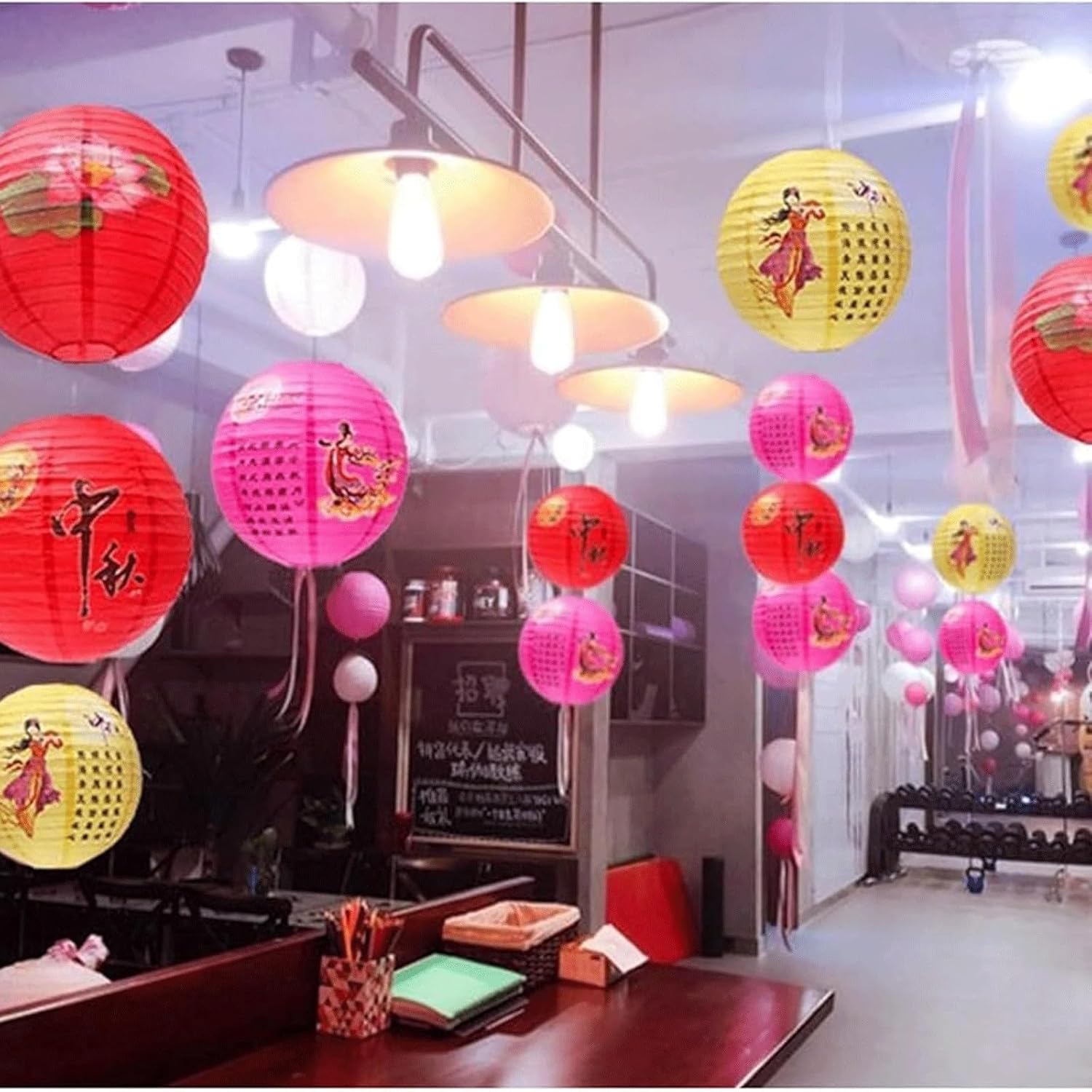 Foldable Paper Lantern Lamps 2pcs Retro Pattern Chinese Lantern Decorative Hanging Lanterns Portable Mid Autumn Festival Paper Lantern(Pink)