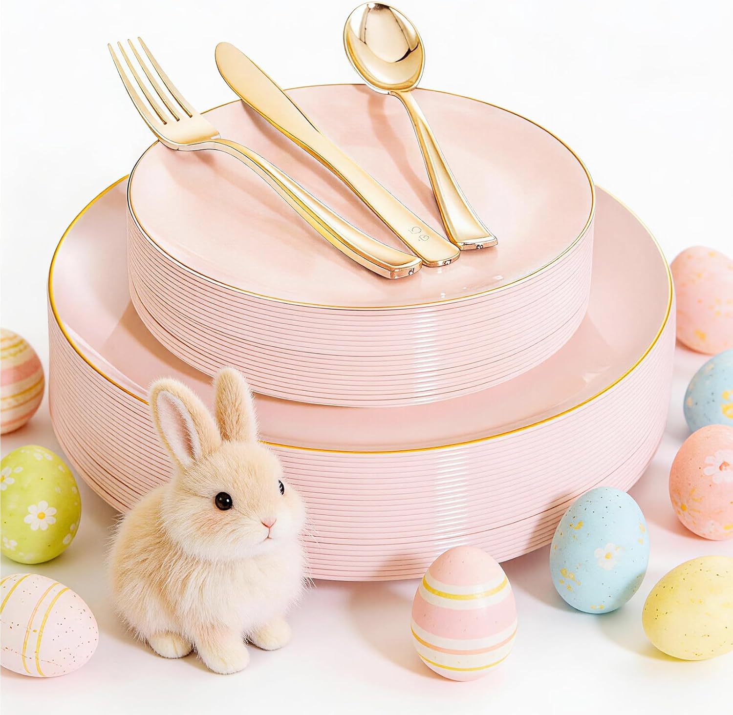 YOUBET 125PCS Pink Plastic Plates - Pink Disposable Plates With Gold Rim - Pinks and Gold Plates Include 25 Dinner Plates, 25 Dessert Plate, 75 Cutlery for Party Wedding Birthday Easter Mothers Day