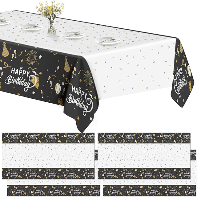 Skycase 4 Pack Happy Birthday Disposable Plastic Tablecloths, 54 x 108 Inch Plastic Rectangle Black Tablecloths for Indoor or Outdoor Tables Parties Birthdays
