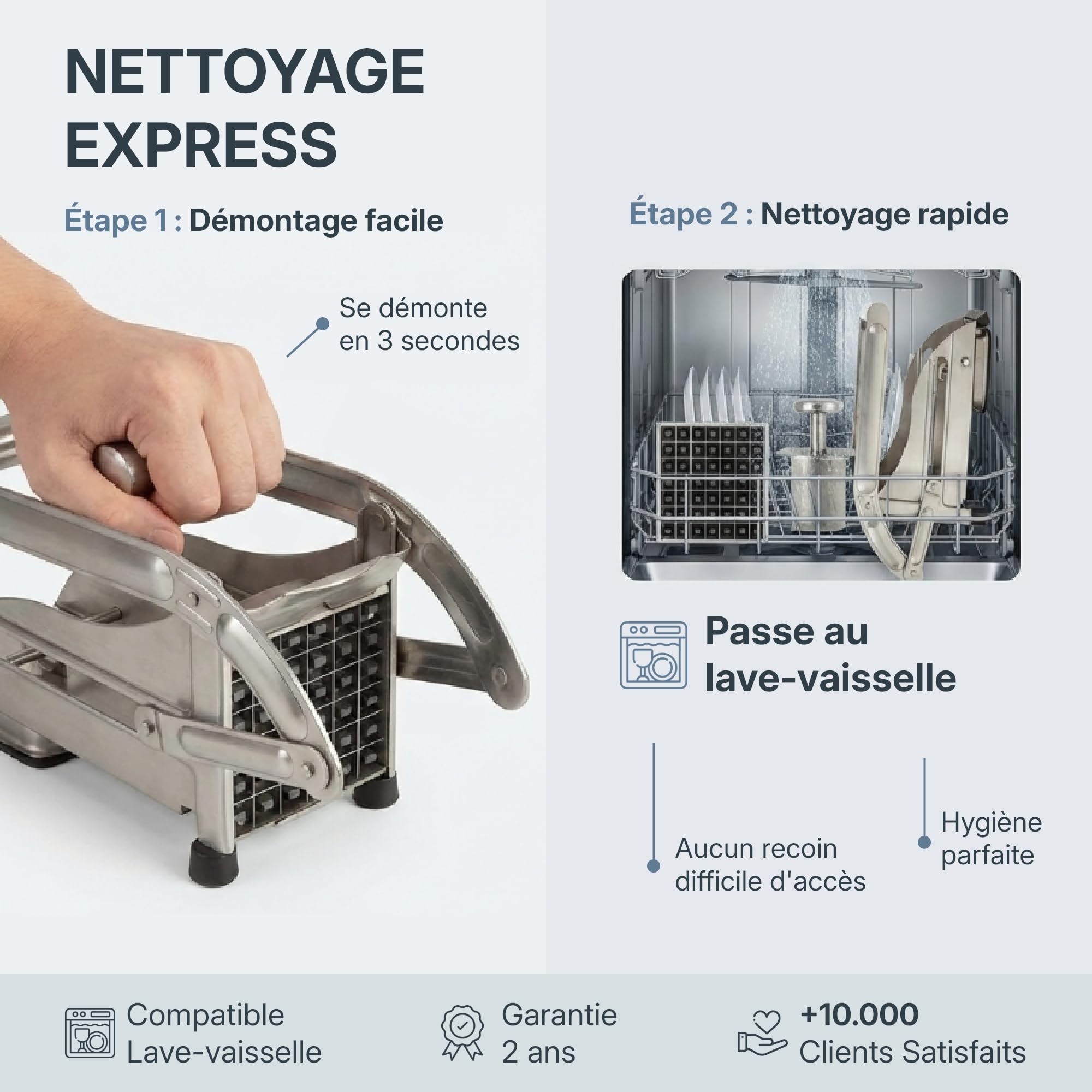 La Bonne Graine - Coupe-frites inox ventouse, frites maison 9-12mm | Frites maison en un geste ; fixation ventouse, inox résistant, 2 grilles 9x9/12x12mm, marque française ; lave-vaisselle