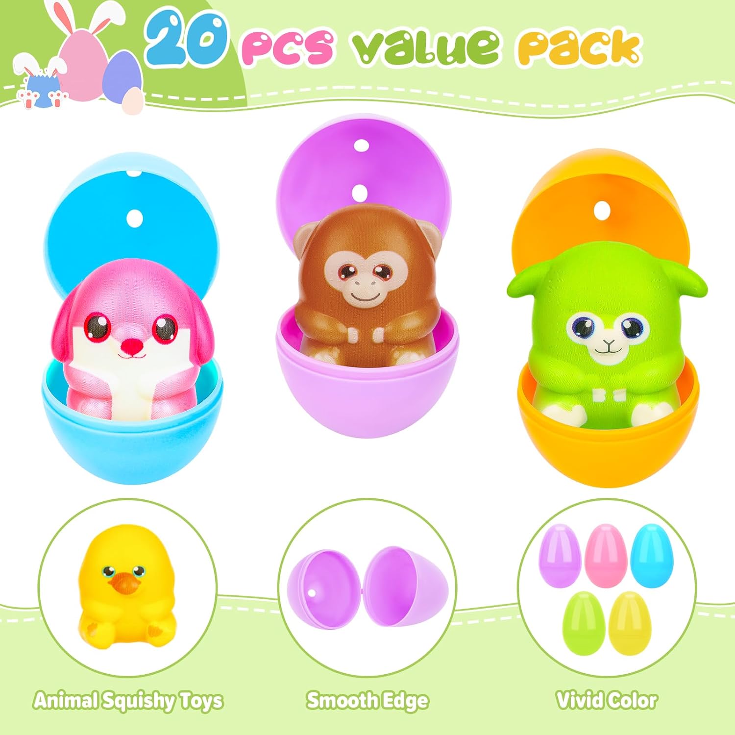 20 Pack Easter Eggs with Animal Squishy Toys Easter Basket Stuffers Fillers Plastic Easter Egg Hunt Easter Party Favors for Kids Boys Girls
