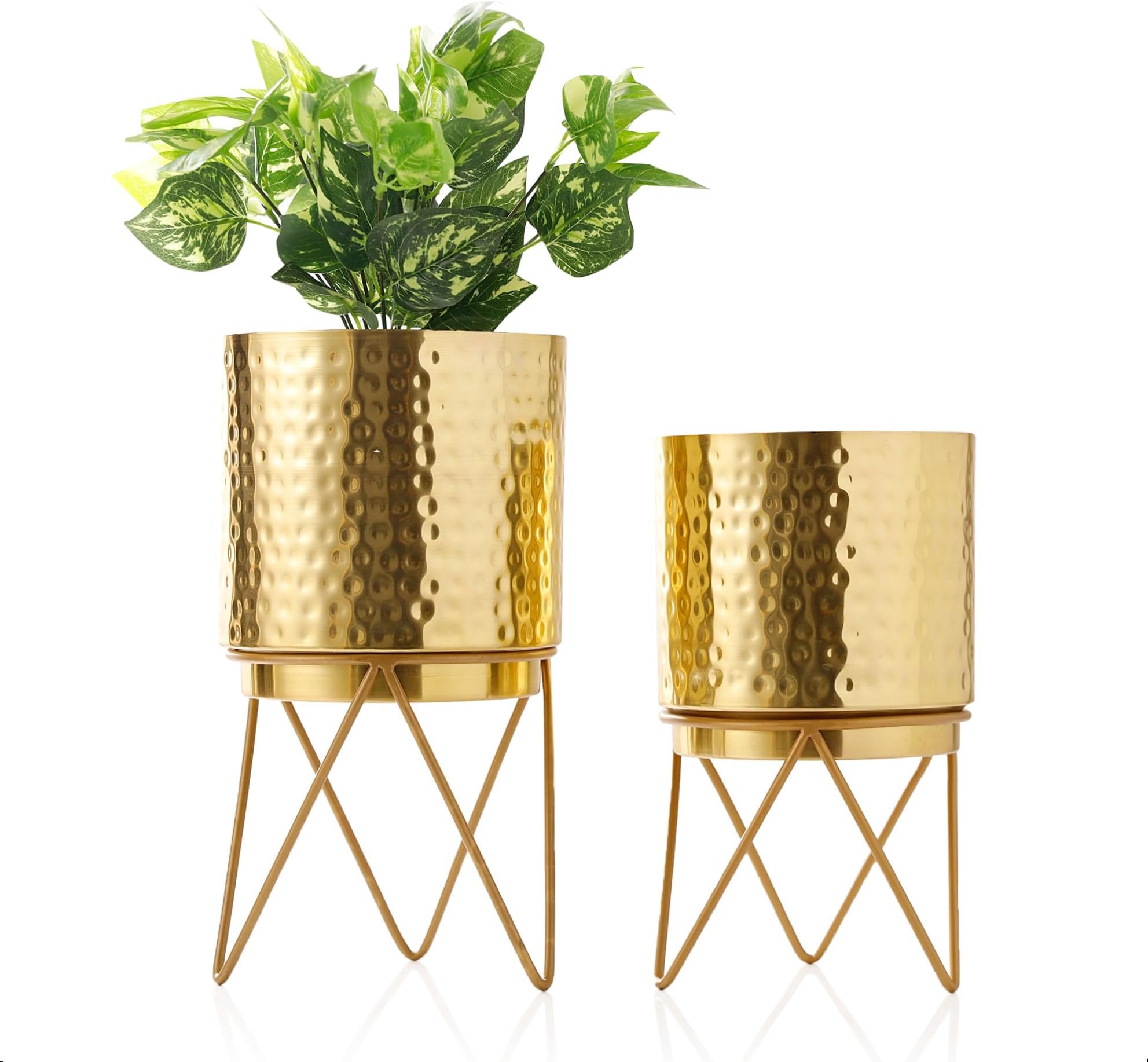 Elle Gold Hammered Metal Planter Set with Stand | 12 Inch & 10 (Height) by 7 Inch & 6 Inch (Dia) | Planters for Living Room, Bedroom Decor (Pack of 2)