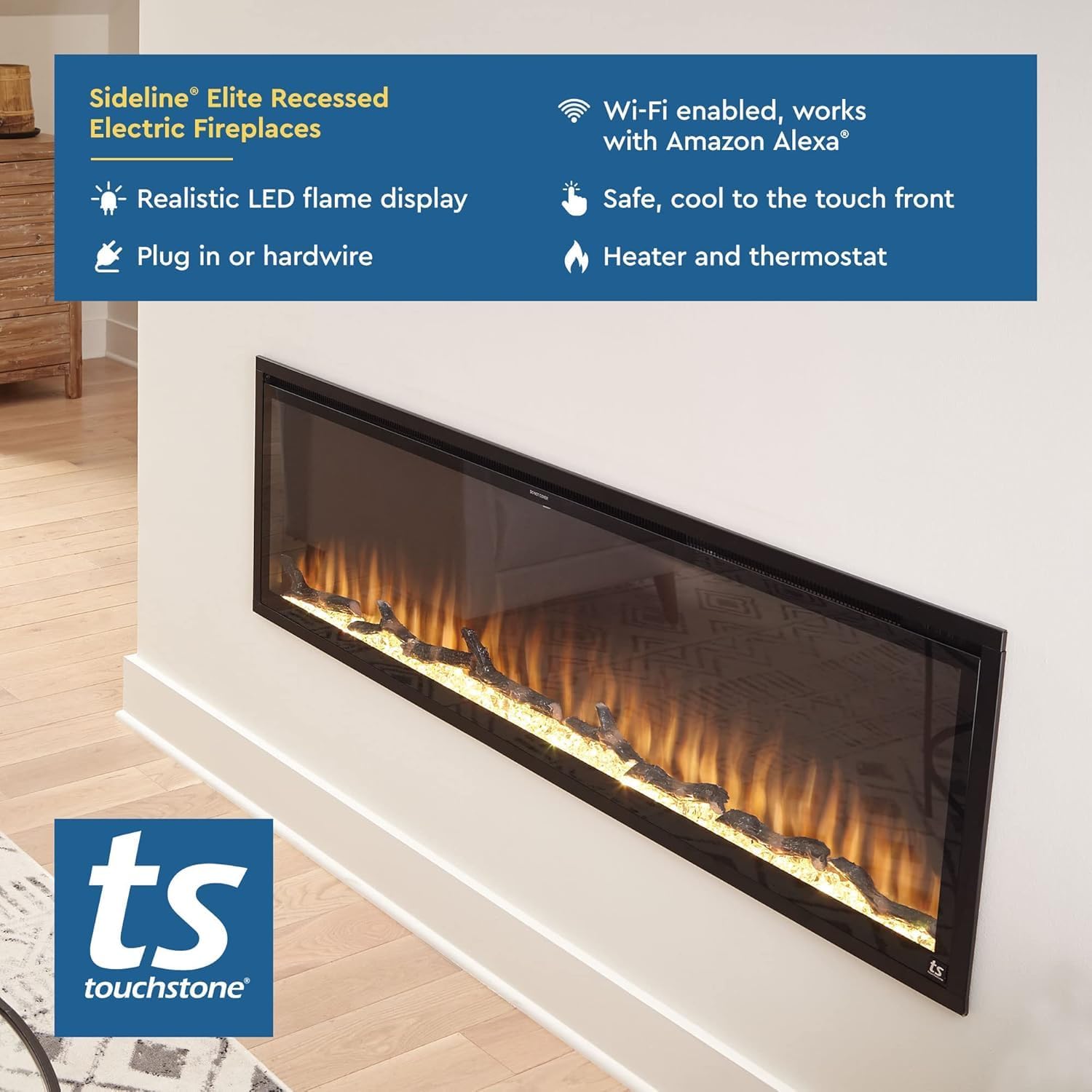 Touchstone Sideline Elite Recessed Electric Fireplace installed in a wall